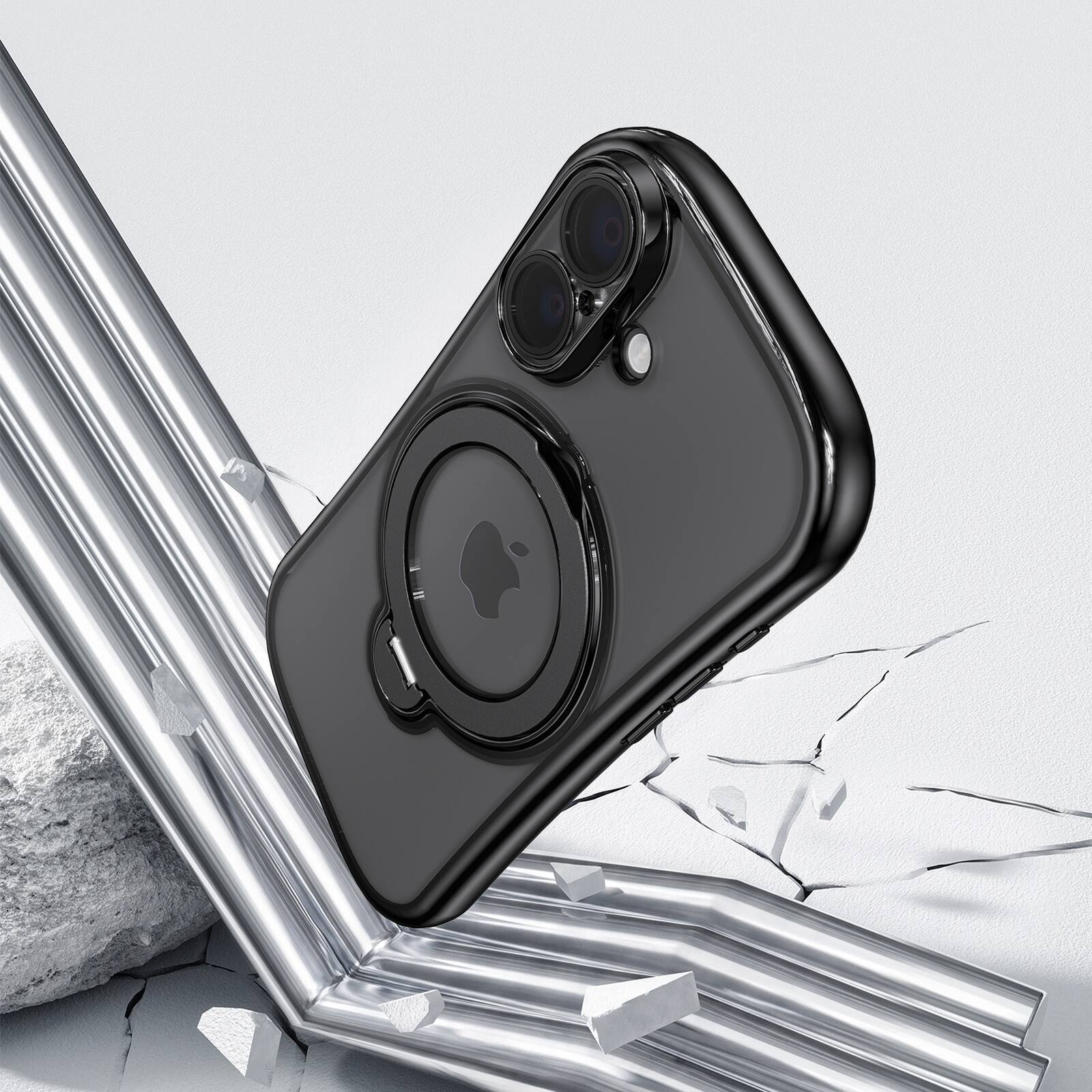 Back. Dteck - Magnetic Case for Apple iPhone 17 with 360 Ring Stand and Strap, Shockproof TPU Protective Cover Built-in Lens Protector - Black.