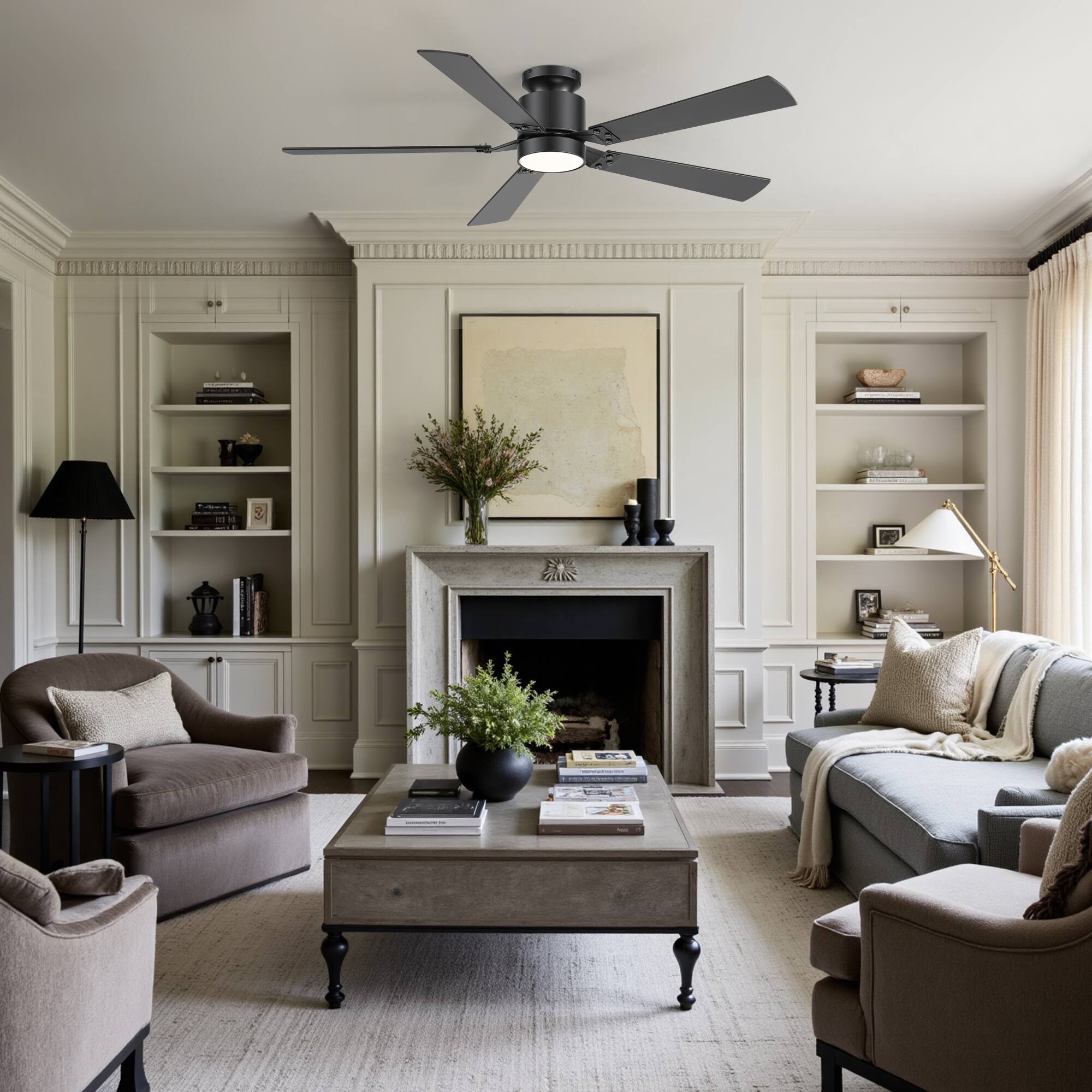 Alt View 1. Breezary - 52-Inch RGB Ceiling Fan with LED Light, Flush Mount, DC Motor, Dimmable, Remote & App Control - Black and Walnut.