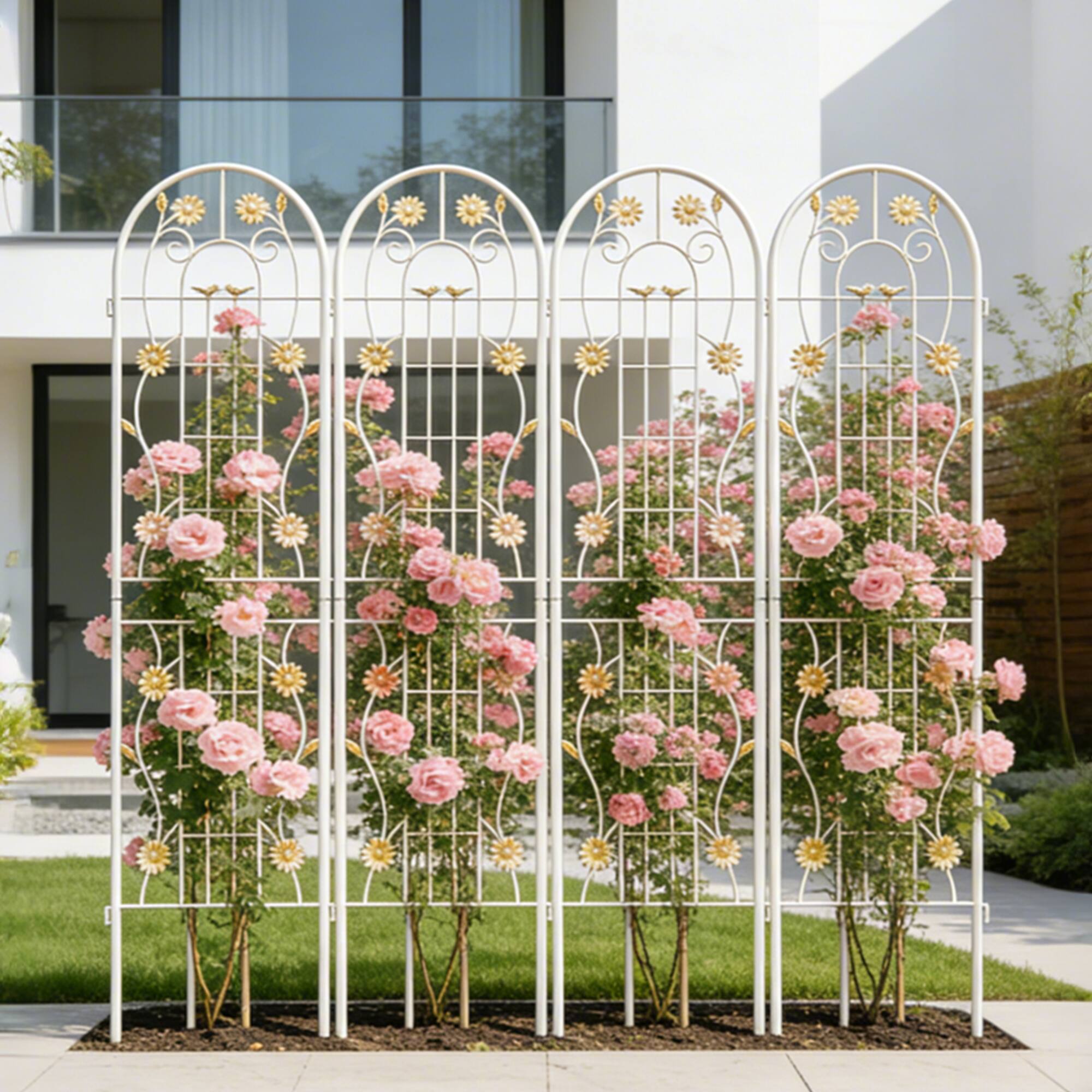 Left. Loheer - 4 Pack Metal Garden Trellis for Climbing Plants Rustproof Outdoor Flower Support - Cream White.