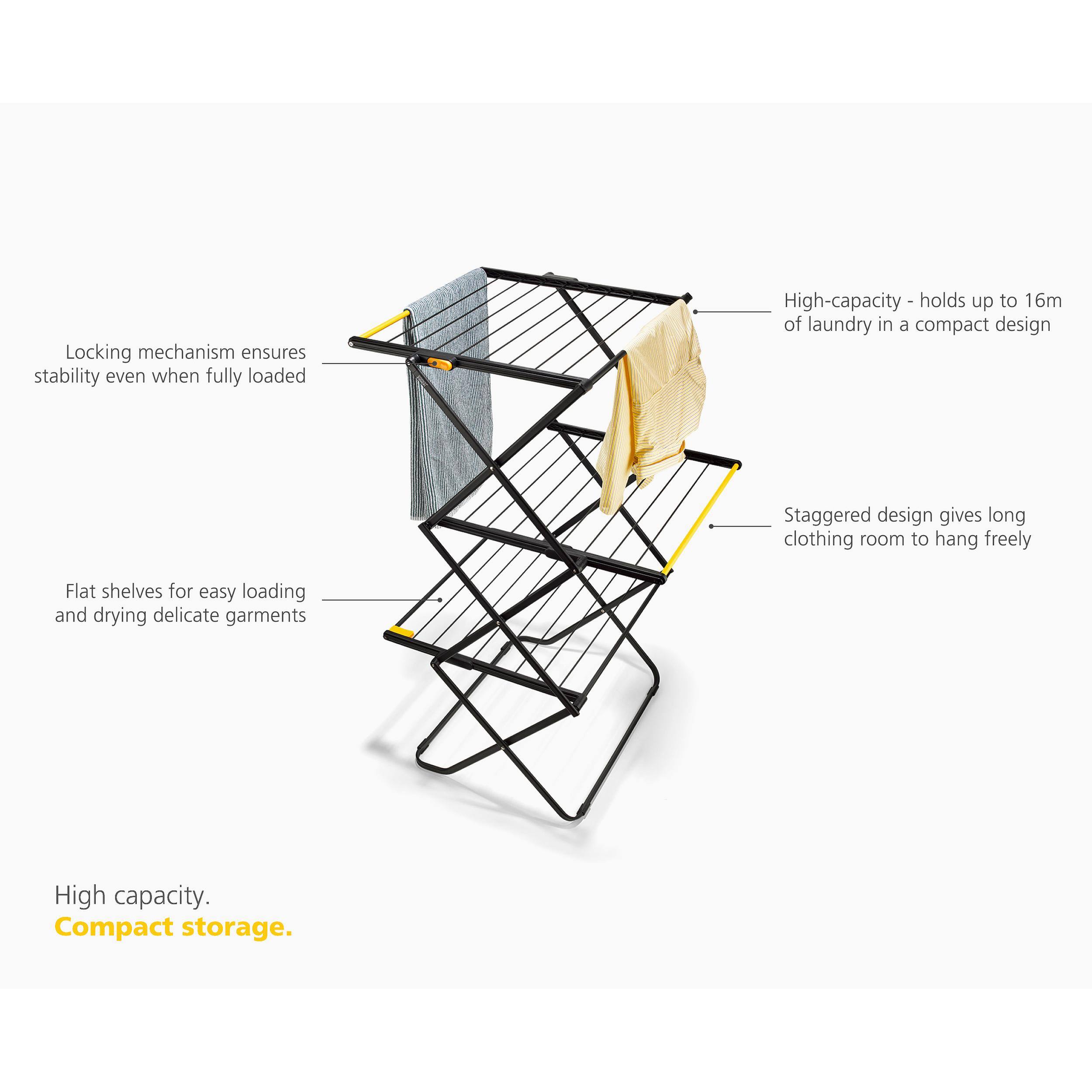 Locking mechanism ensures stability even when fully loaded

High-capacity - holds up to 16m of laundry in a compact design

Staggered design gives long clothing room to hang freely

Flat shelves for easy loading and drying delicate garments

High capacity. Compact storage.