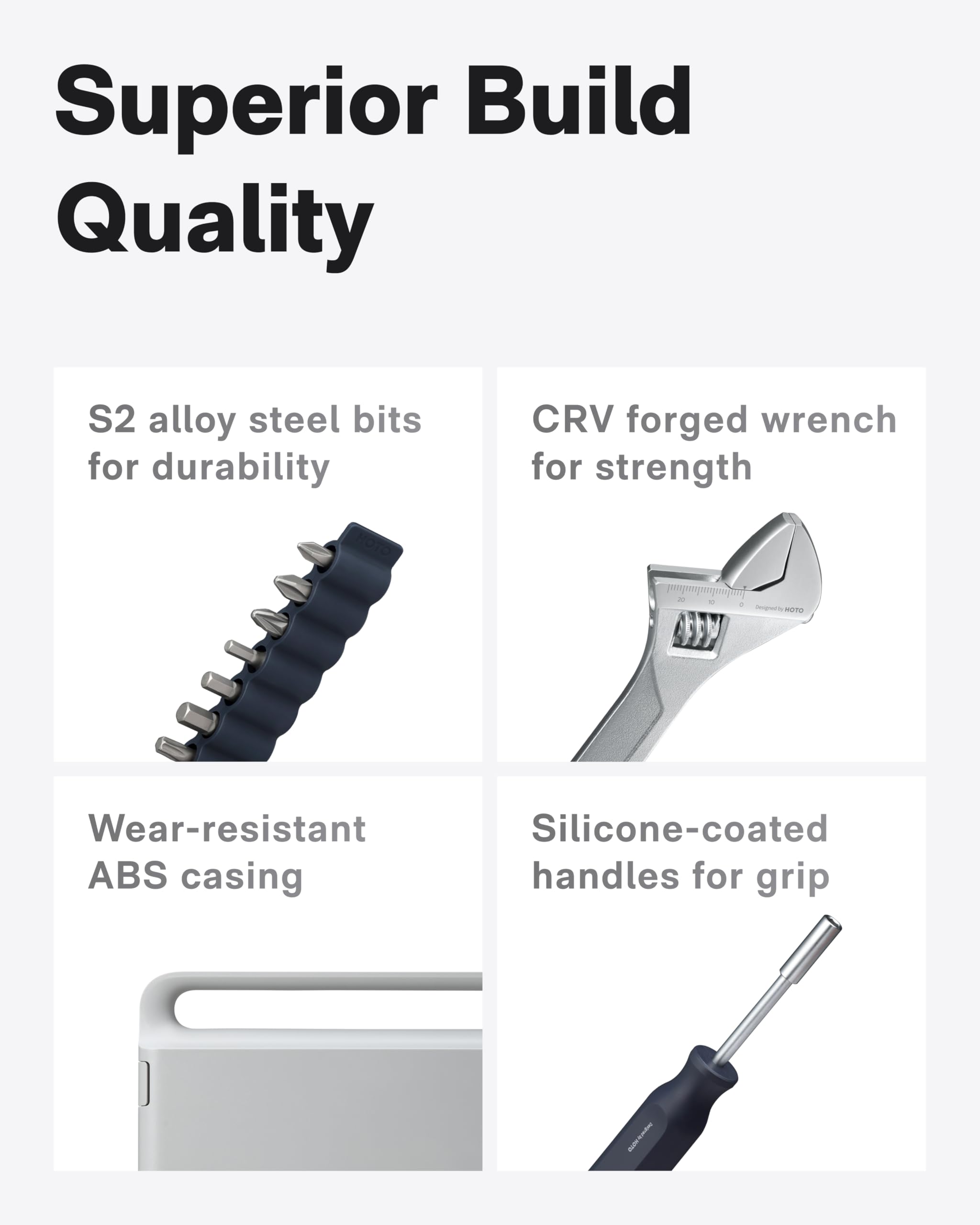 Superior Build Quality

- S2 alloy steel bits for durability
- CRV forged wrench for strength
- Wear-resistant ABS casing
- Silicone-coated handles for grip