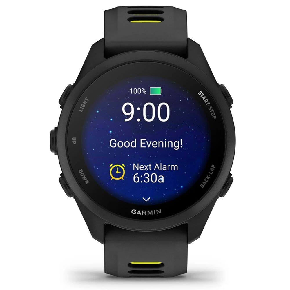 LIGHT UP 100% START-STOP START 9:00 Good Evening! DOWN Next Alarm 6:30a LAP BACK GARMIN