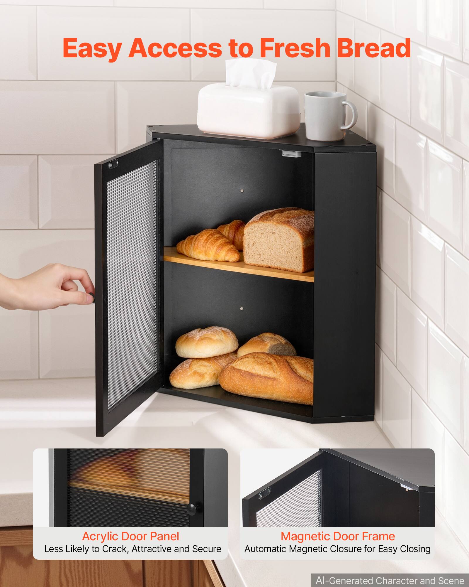 Easy Access to Fresh Bread

Acrylic Door Panel
Less Likely to Crack, Attractive and Secure

Magnetic Door Frame
Automatic Magnetic Closure for Easy Closing

AI-Generated Character and Scene