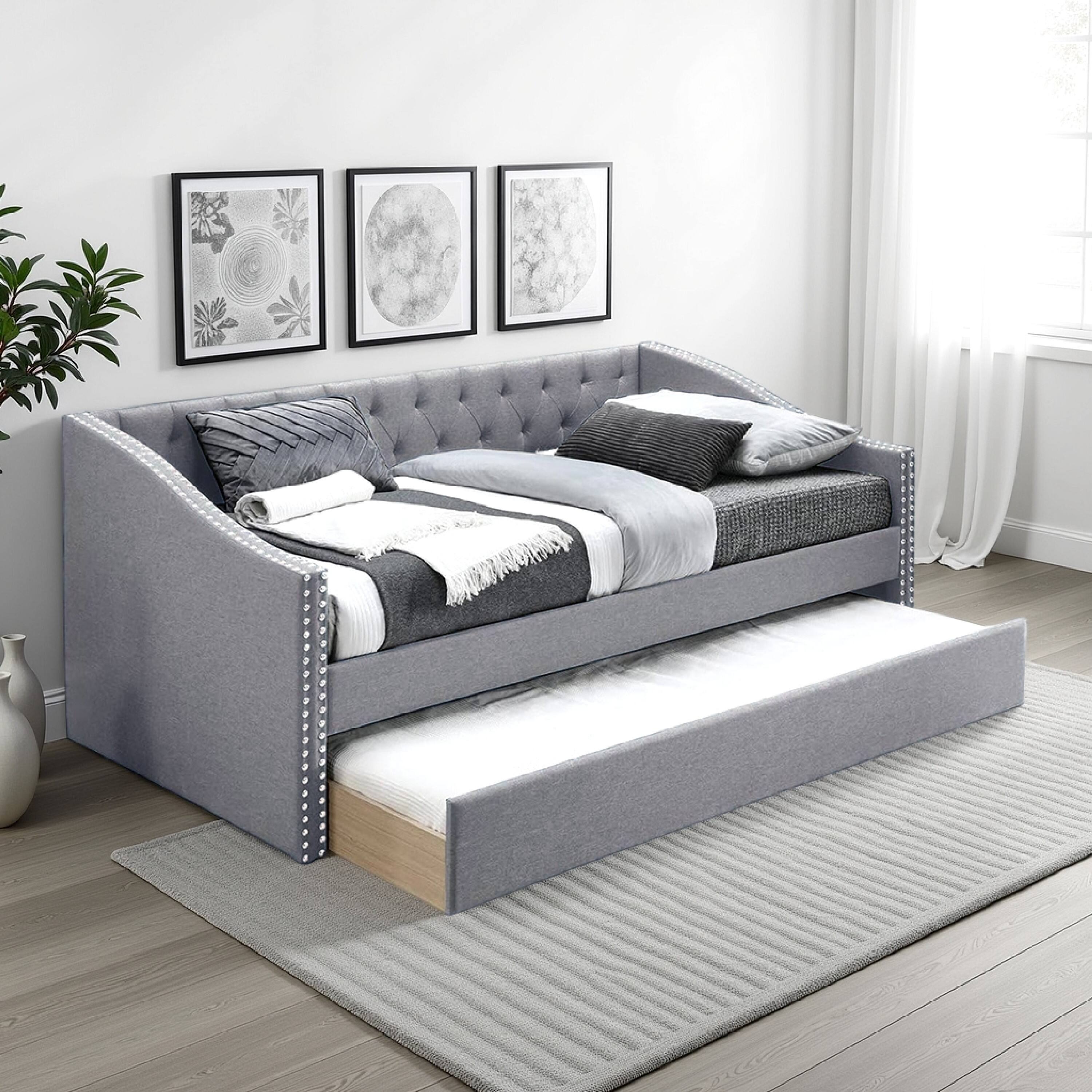 Alt View 5. Manhattan Lane - Ann Modern Wood Day Bed with Trundle, Straight Tufted Back, Gray Burlap - Gray.