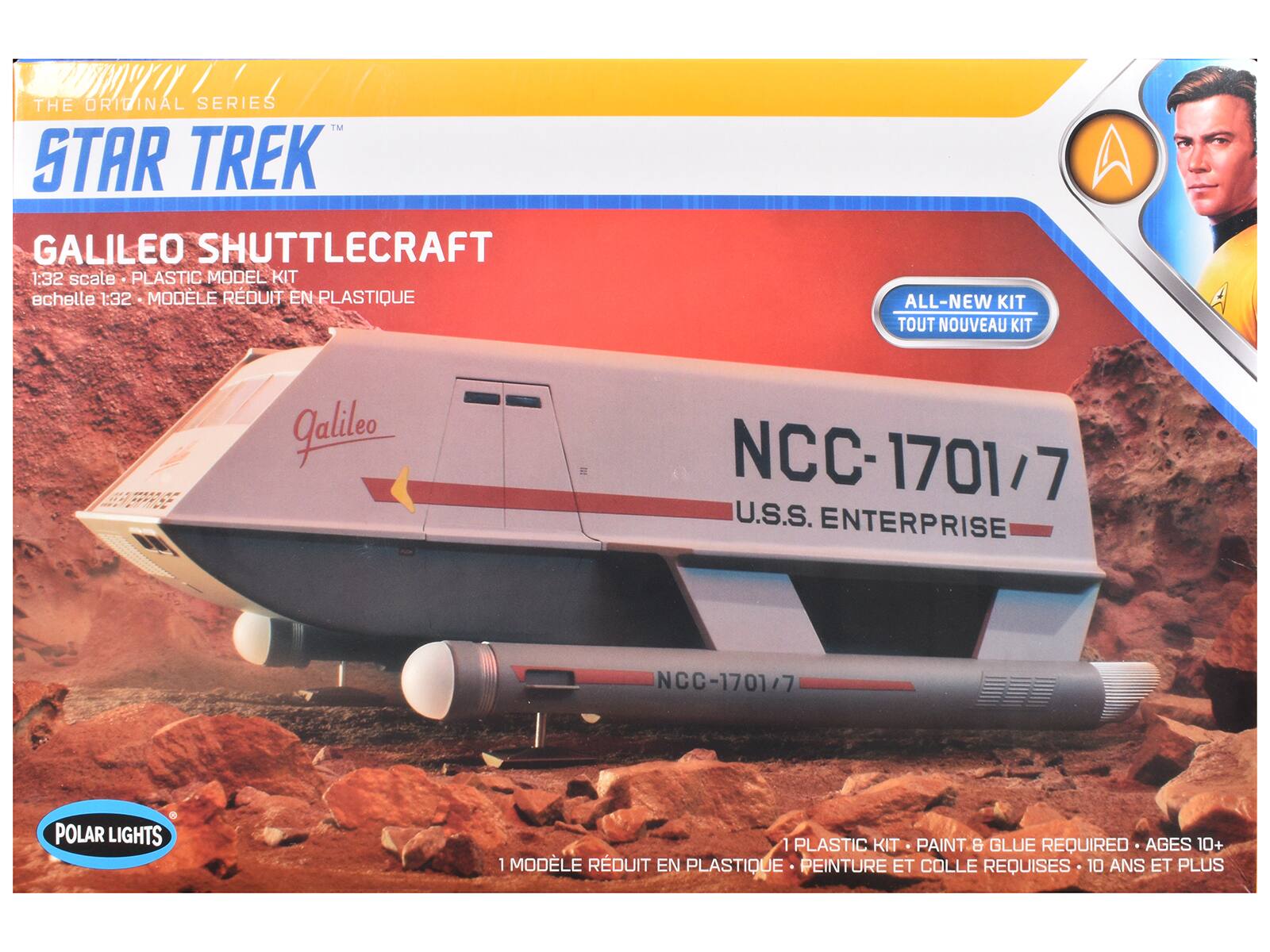 THE ORIGINAL SERIES  
STAR TREK™  
GALILEO SHUTTLECRAFT  
1:32 scale • PLASTIC MODEL KIT  
échelle 1:32 • MODÈLE RÉDUIT EN PLASTIQUE  

ALL-NEW KIT  
TOUT NOUVEAU KIT  

U.S.S. ENTERPRISE NCC-1701/7  

1 PLASTIC KIT • PAINT & GLUE REQUIRED • AGES 10+  
1 MODÈLE RÉDUIT EN PLASTIQUE • PEINTURE ET COLLE REQUISSES • 10 ANS ET PLUS  

POLAR LIGHTS®