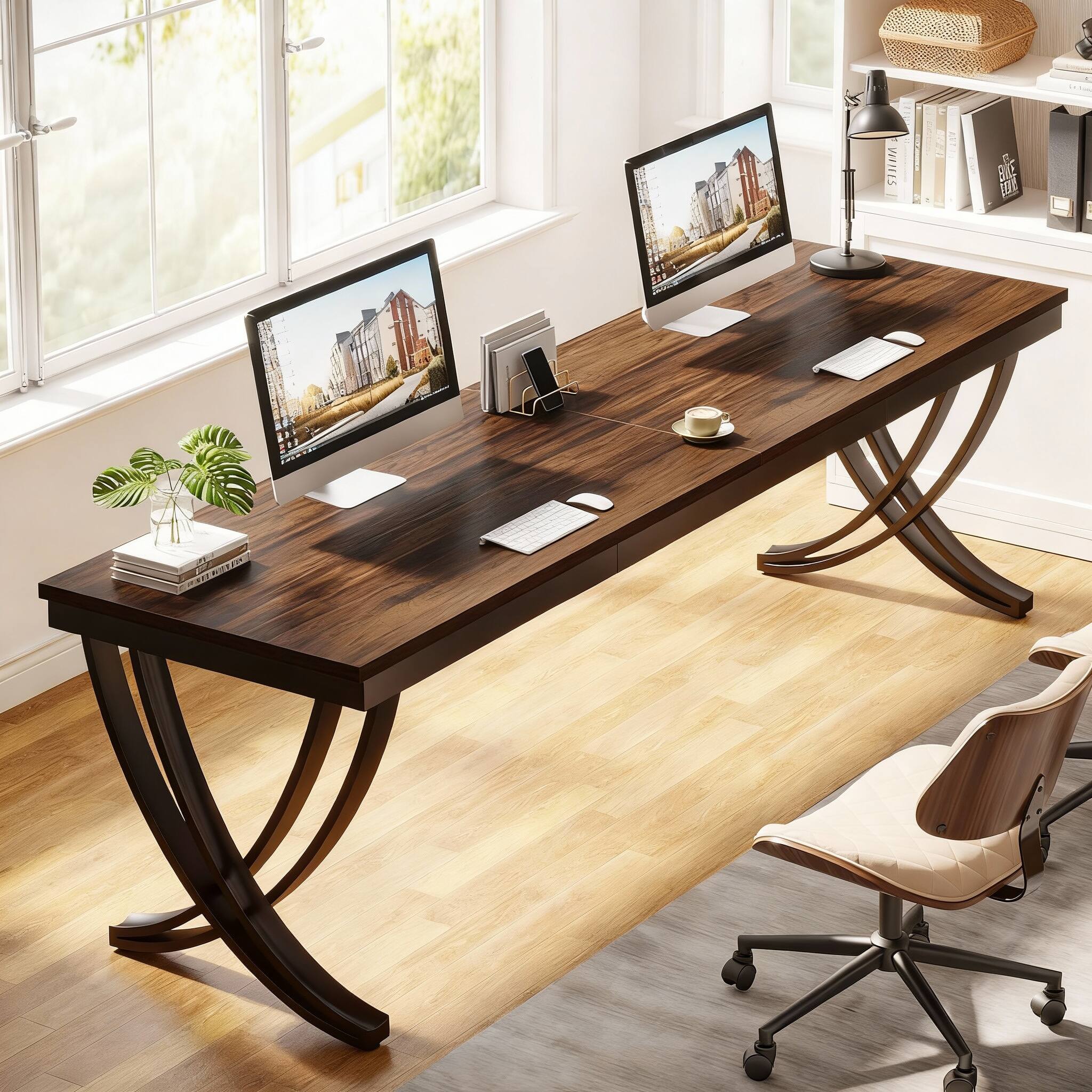 Front. OMOMMD - 78" Two-Person Computer Desk Extra Long Double Workstation Home Office - Rustic Brown.