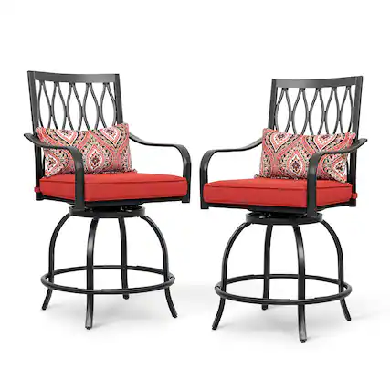 Front. Nuu Garden - Outdoor Patio Swivel Bar Stool Set of 2 Iron Bar Height Bistro Chairs, with Padded Cushions and Extra Pillows - Black and Red.