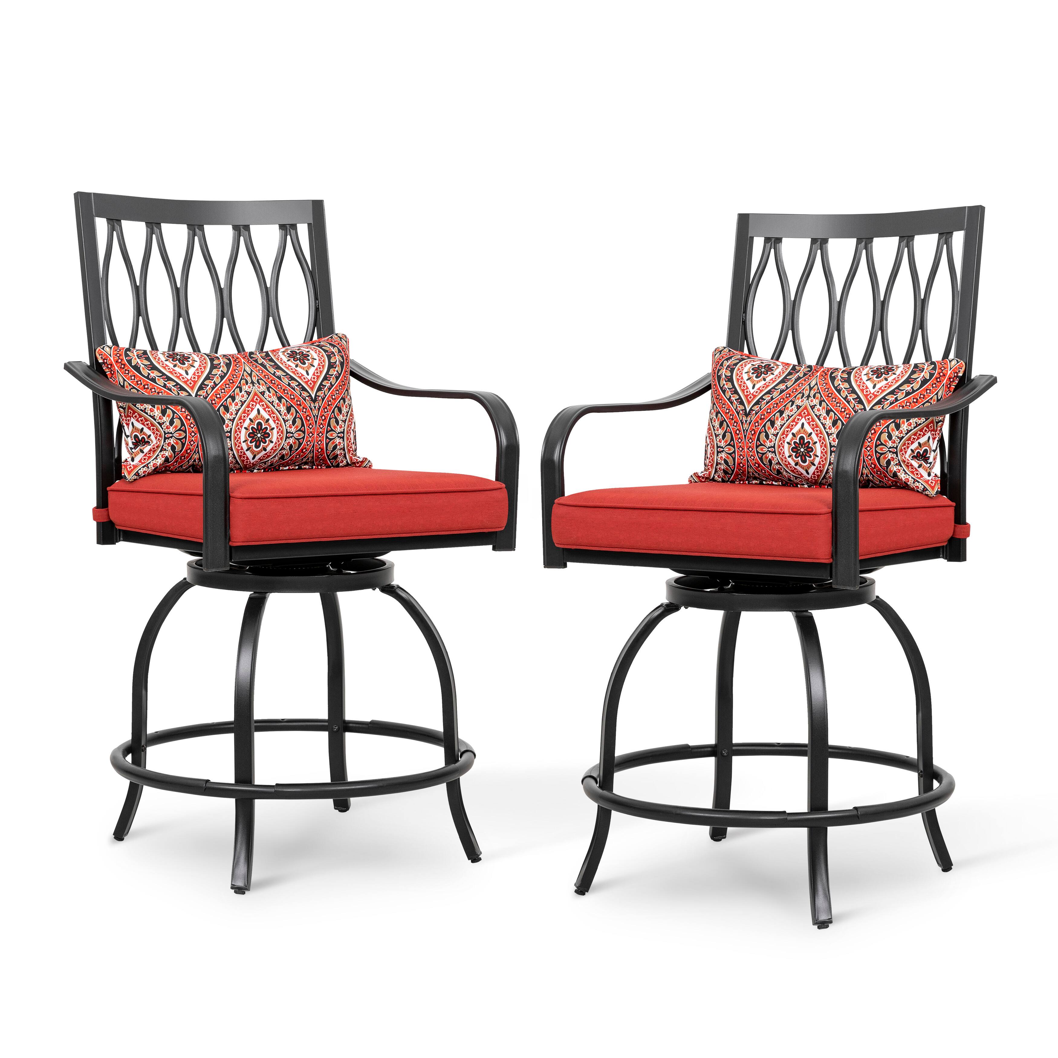 Front. Nuu Garden - Outdoor Patio Swivel Bar Stool Set of 2 Iron Bar Height Bistro Chairs, with Padded Cushions and Extra Pillows - Black and Red.