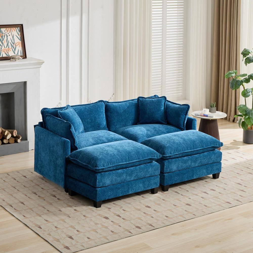 Alt View 1. PDTEND - Modern Blue Sofa Ottoman with Breathable Chenille Fabric for Living Room Bedroom and Apartment - Blue.