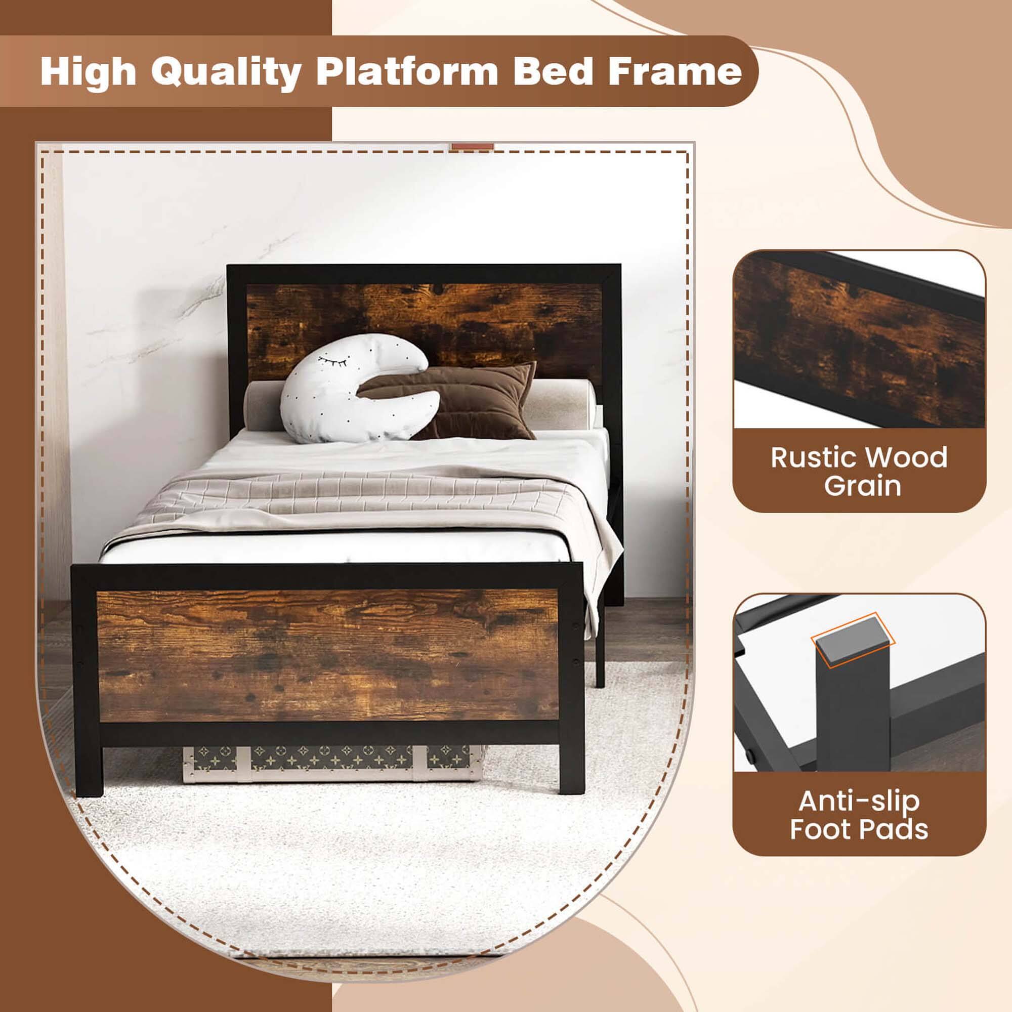 High Quality Platform Bed Frame Rustic Wood Grain Anti-slip Foot Pads