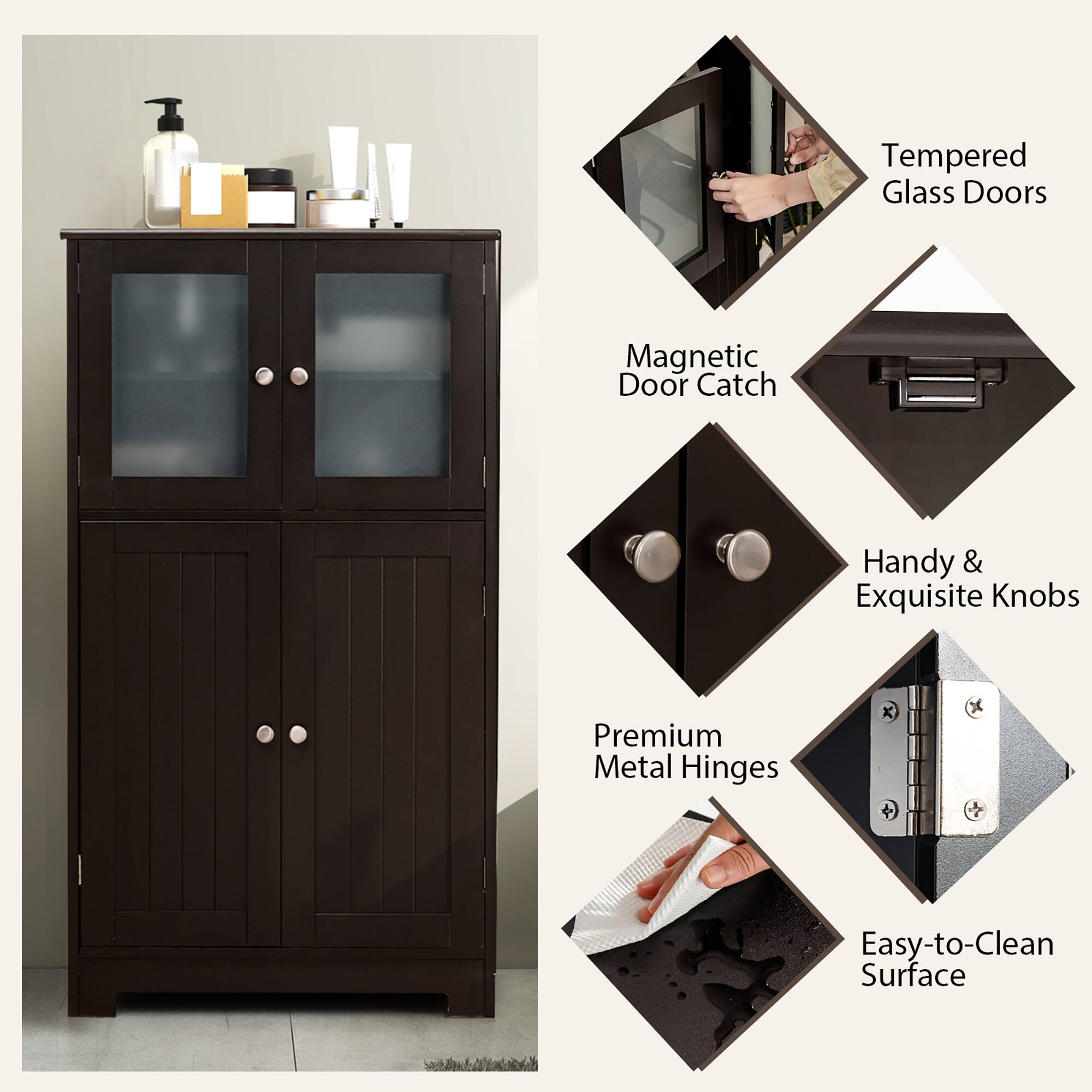 Tempered Glass Doors, Magnetic Door Catch, Handy & Exquisite Knobs, Premium Metal Hinges, Easy-to-Clean Surface