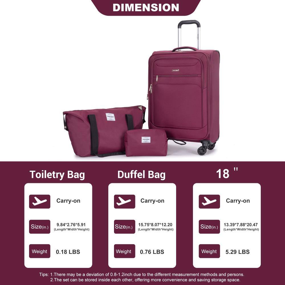 **DIMENSION**

**Toilettry Bag**
- Carry-on
- Size (in.): 9.84" x 2.76" x 5.91" (Length x Width x Height)
- Weight: 0.18 LBS

**Duffel Bag**
- Carry-on
- Size (in.): 15.75" x 8.07" x 12.20" (Length x Width x Height)
- Weight: 0.76 LBS

**18" Duffel Bag**
- Carry-on
- Size (in.): 13.39" x 7.88" x 20.47" (Length x Width x Height)
- Weight: 5.29 LBS

**Tips:**
1. There may be a deviation of 0.8-1.2 inch due to different measurement methods and persons.
2. The set can be stored inside each other, offering more convenience and saving storage space.