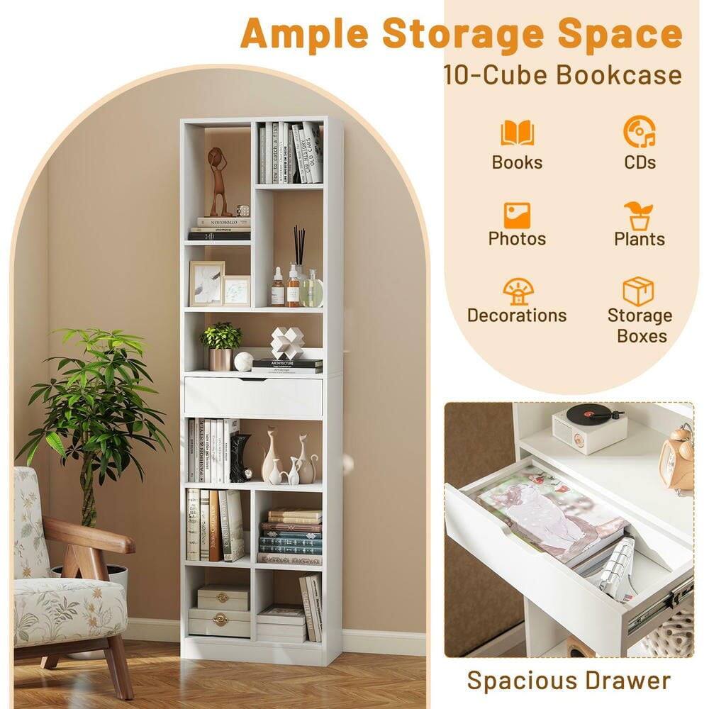 Ample Storage Space  
10-Cube Bookcase  

Books  
CDs  
Photos  
Plants  
Decorations  
Storage Boxes  

Spacious Drawer