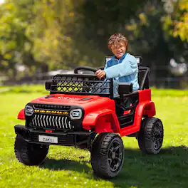 Homhougo - 12V Kids Ride On Truck w/ Remote, Spring Suspension, LED Lights & Music for Toddlers, Red