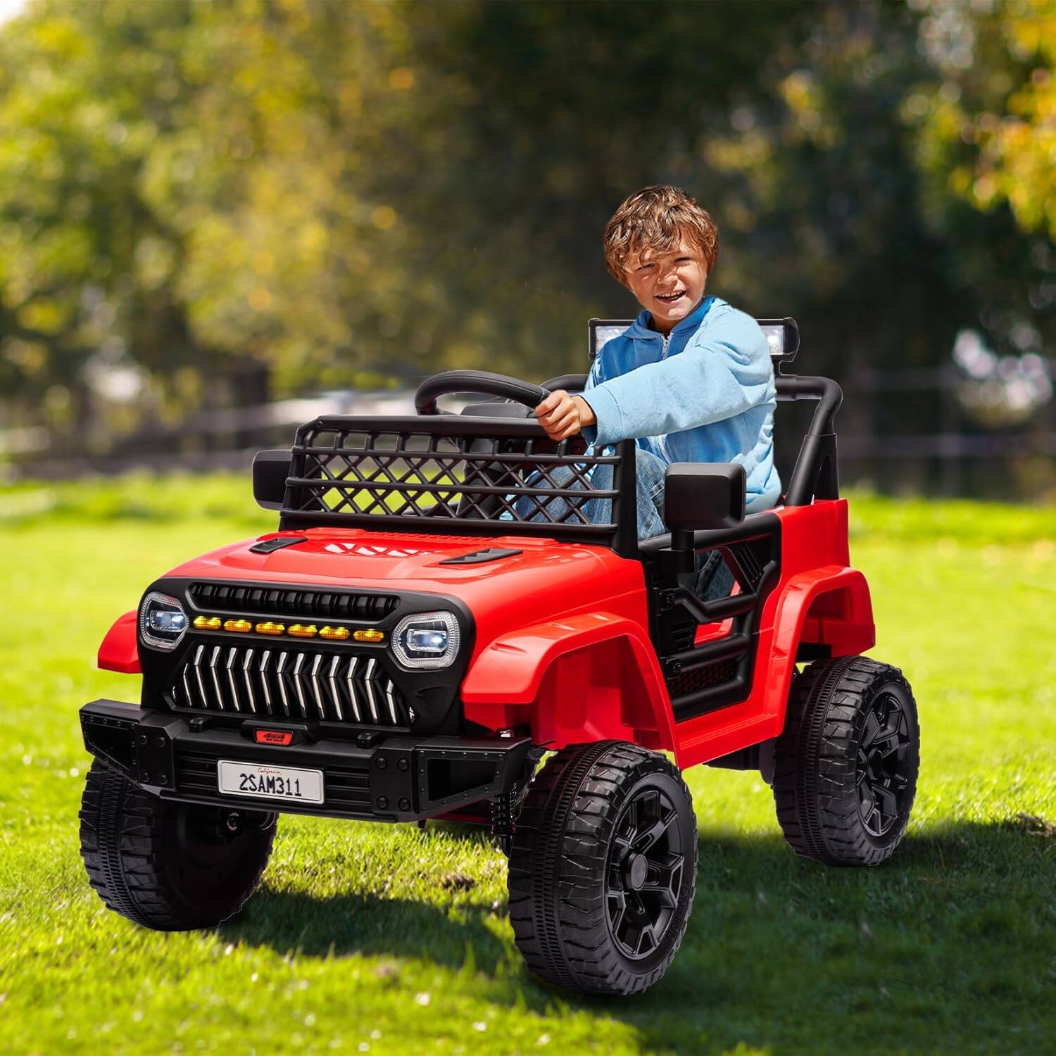 Front. Homhougo - 12V Kids Ride On Truck w/ Remote, Spring Suspension, LED Lights & Music for Toddlers, Red.