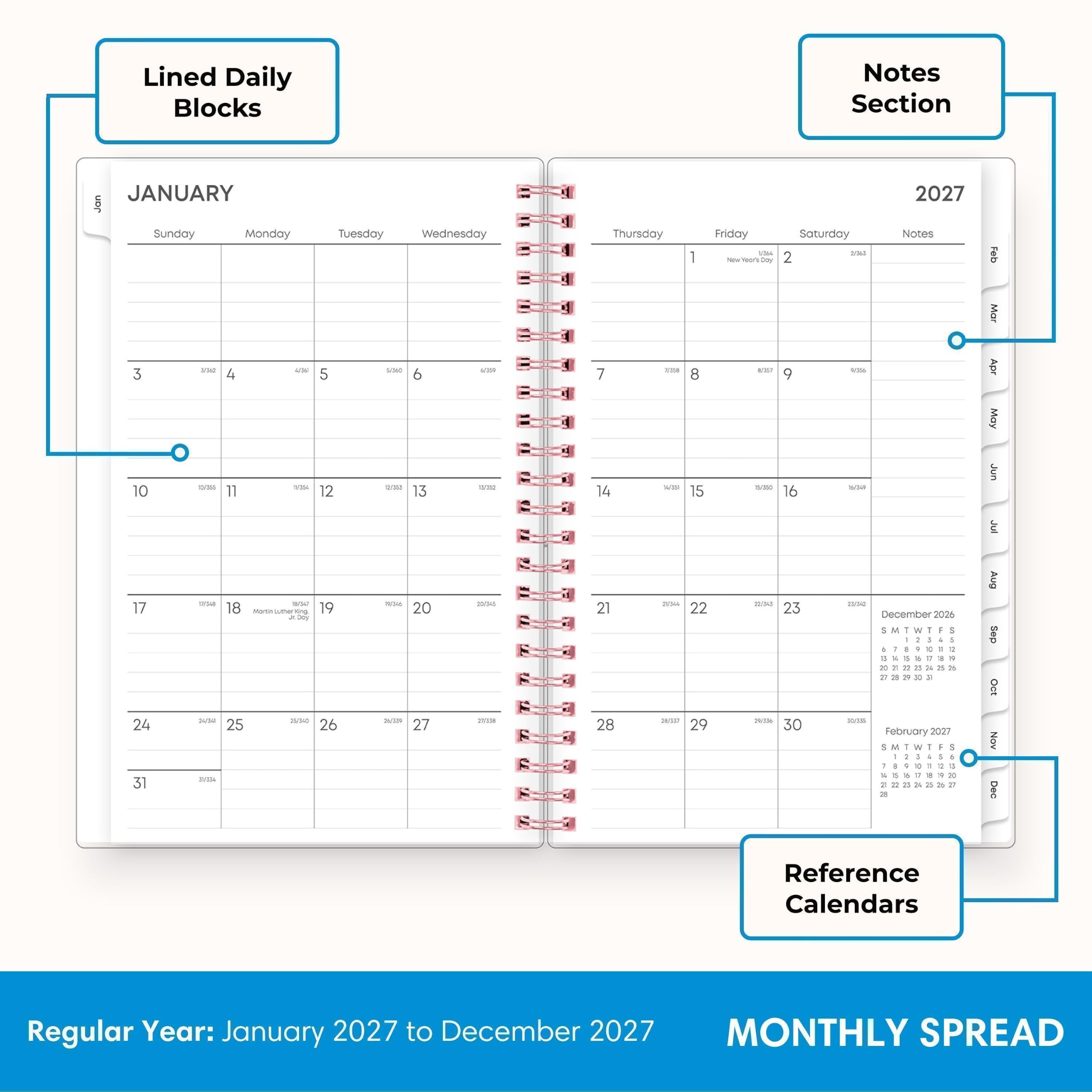 Lined Daily Blocks

Notes Section

JANUARY
Sunday Monday Tuesday Wednesday Thursday Friday Saturday Notes
3 4 5 6 7 8 9
10 11 12 13 14 15 16
17 18 19 20 21 22 23
24 25 26 27 28 29 30
31

2027

February 2027
March 2027
April 2027
May 2027
June 2027
July 2027
August 2027
September 2027
October 2027
November 2027
December 2026

Reference Calendars

Regular Year: January 2027 to December 2027

MONTHLY SPREAD