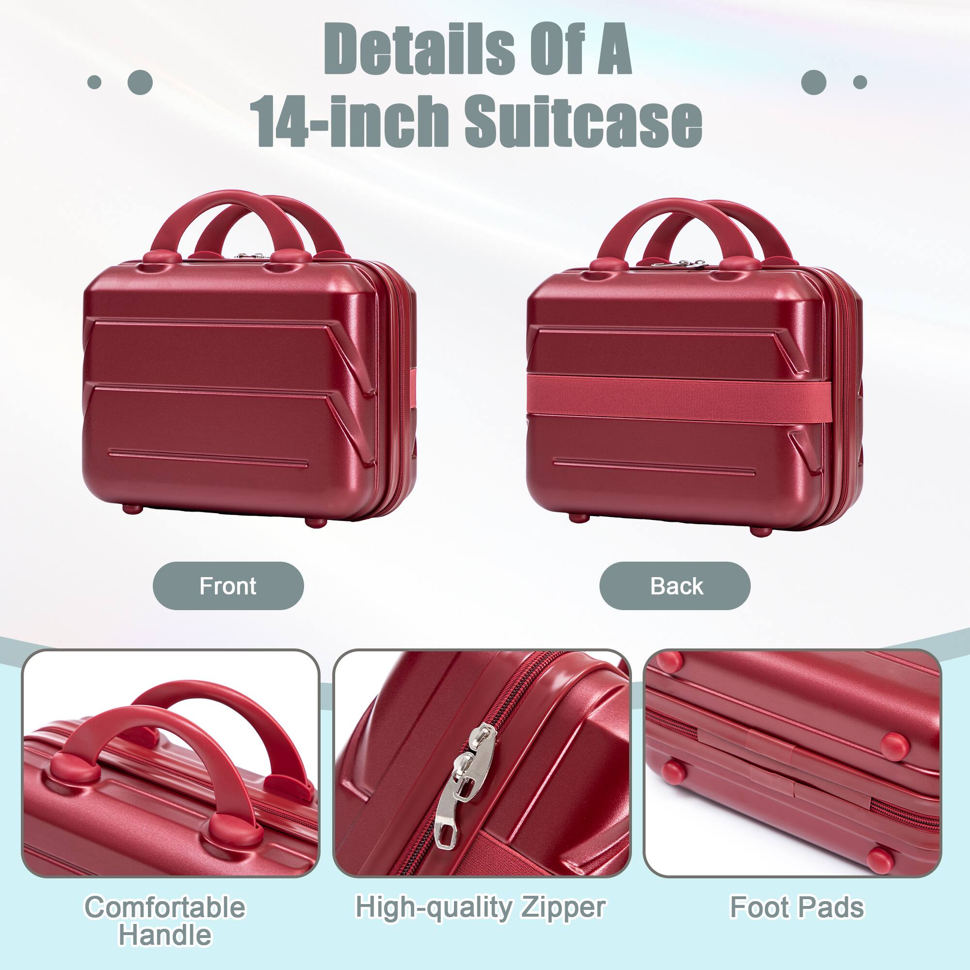 Details Of A 14-inch Suitcase

Front
Back
Comfortable Handle
High-quality Zipper
Foot Pads