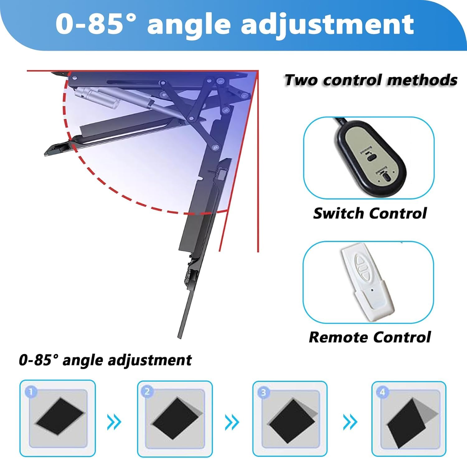 0-85° angle adjustment

Two control methods

Switch Control

Remote Control

0-85° angle adjustment
