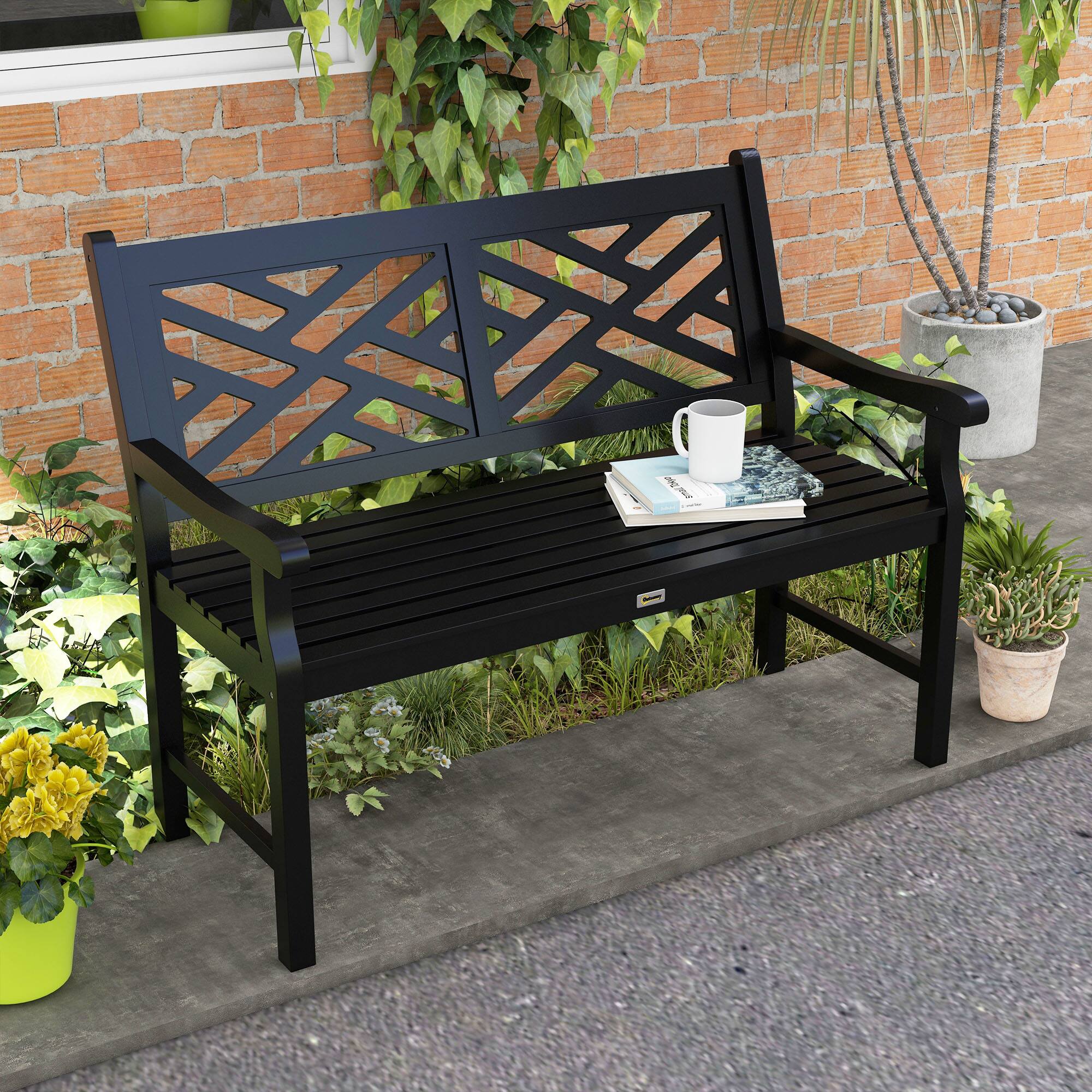 Alt View 1. Outsunny - Outdoor Garden Bench, Wooden Frame Patio Bench with Geometric Pattern, 43.25 Inch Weatherproof 2-Person Love Seat - Black.