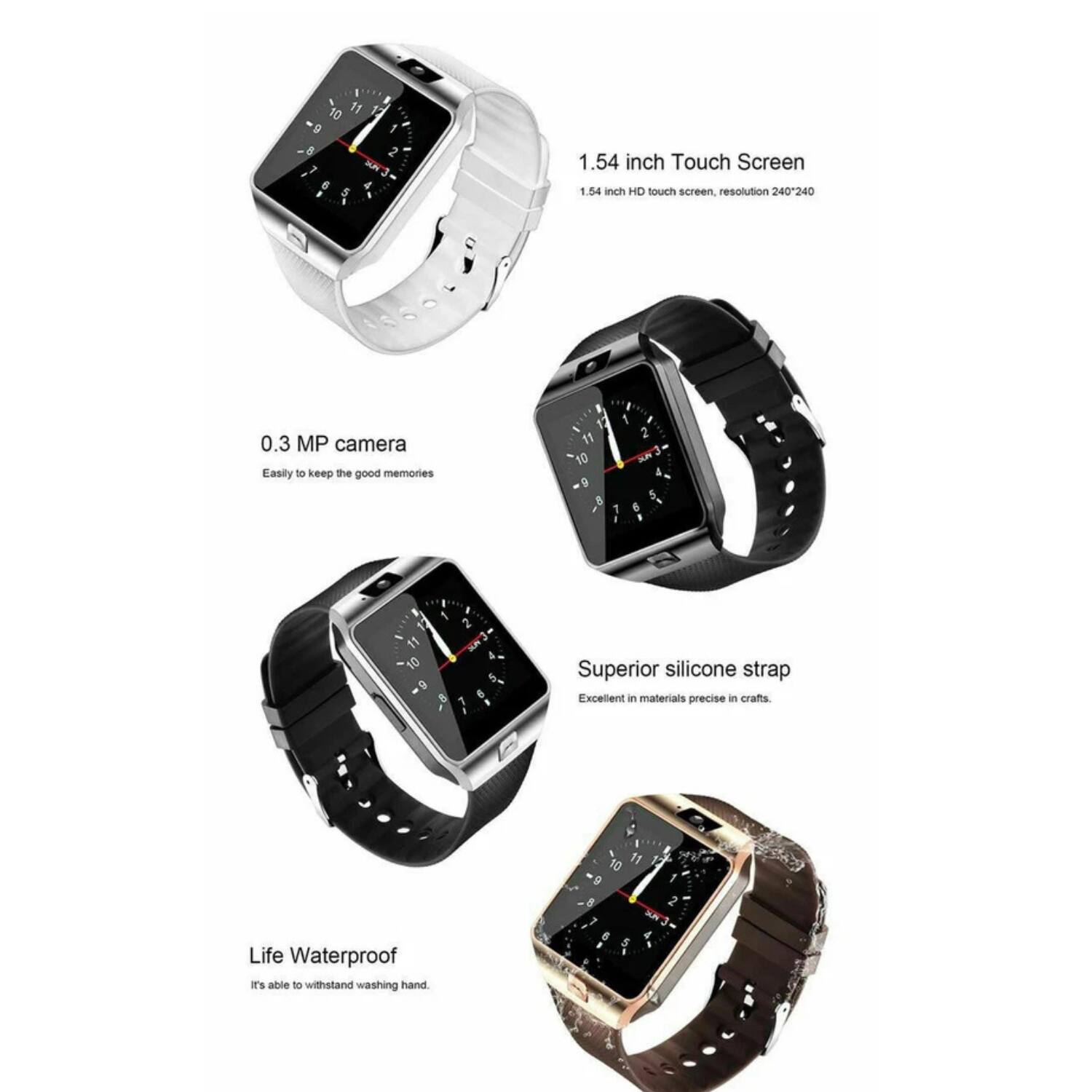 1.54 inch Touch Screen  
1.54 inch HD touch screen, resolution 240*240  

0.3 MP camera  
Easily to keep the good memories  

Superior silicone strap  
Excellent in materials precise in crafts  

Life Waterproof  
It's able to withstand washing hand.