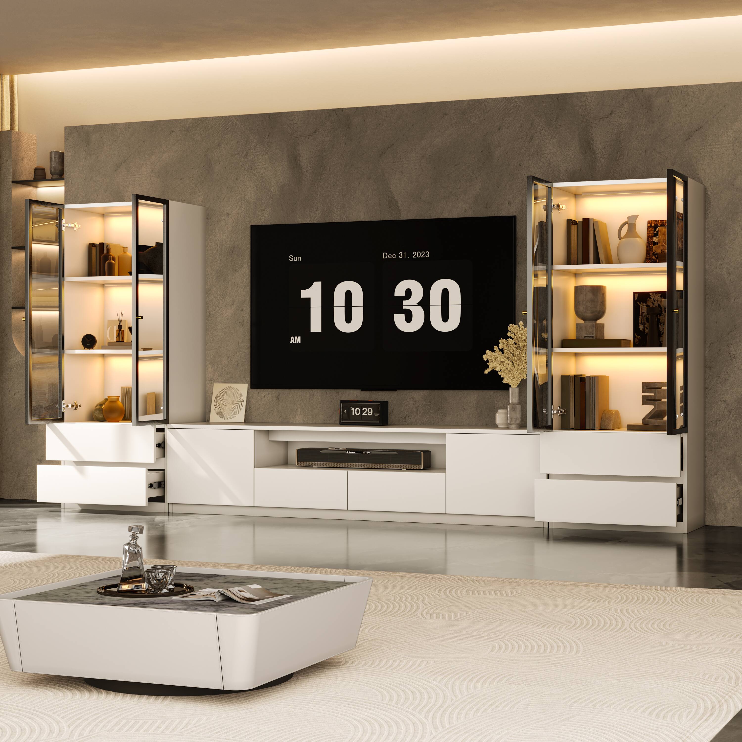 Alt View 1. MSOOB - 126" Entertainment Center for TV Up To 85'', Living Room Cabinet Set Includes TV Stand and Two Glass Display Cabinet - White.