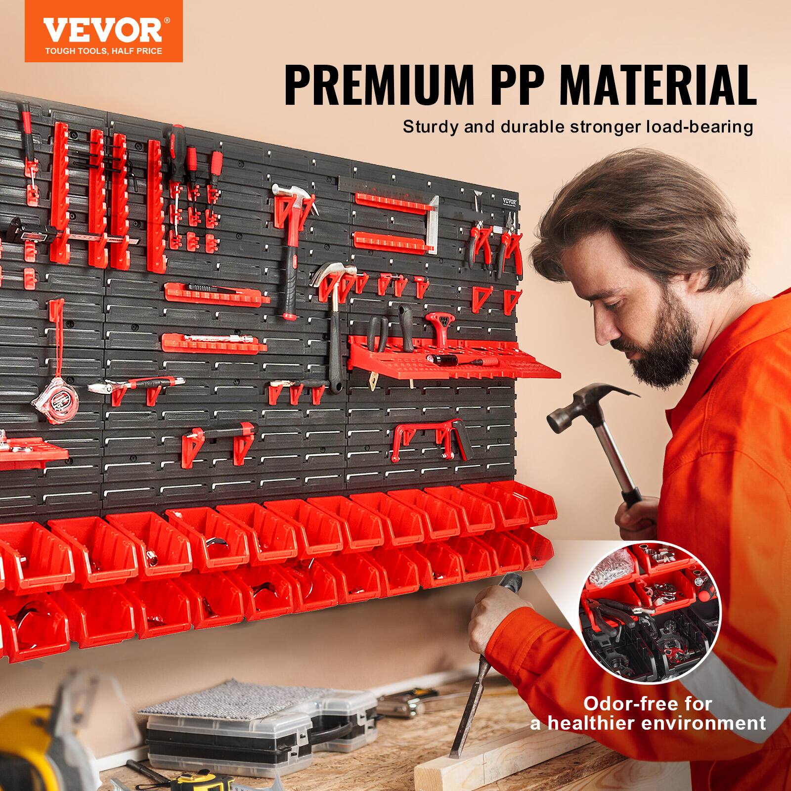 VEVOR  
TOUGH TOOLS, HALF PRICE  

PREMIUM PP MATERIAL  
Sturdy and durable stronger load-bearing  

Odor-free for a healthier environment