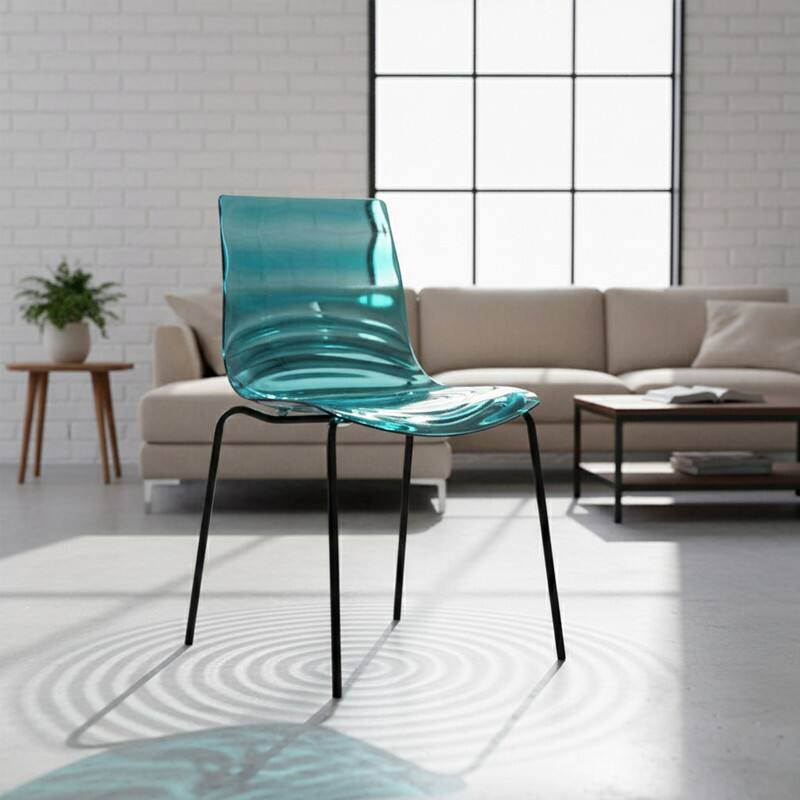 Angle. LeisureMod - Astor Modern Ripple Dining Chair - Stackable ABS Plastic Seat with Black Metal Legs - Transparent Blue.