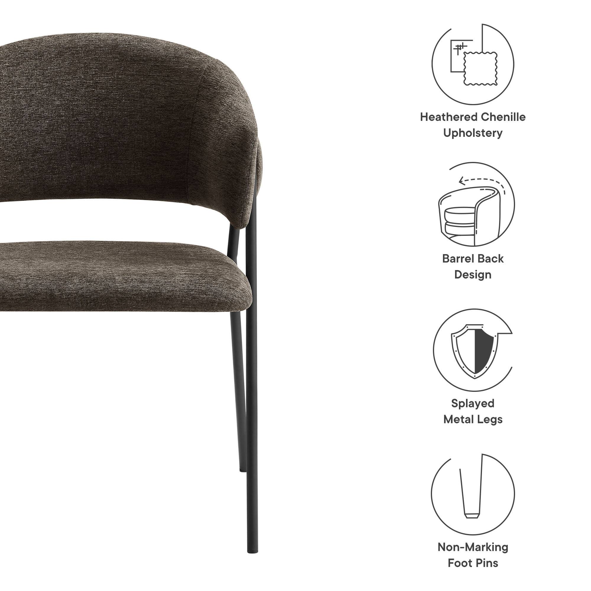- Heathered Chenille Upholstery
- Barrel Back Design
- Splayed Metal Legs
- Non-Marking Foot Pins