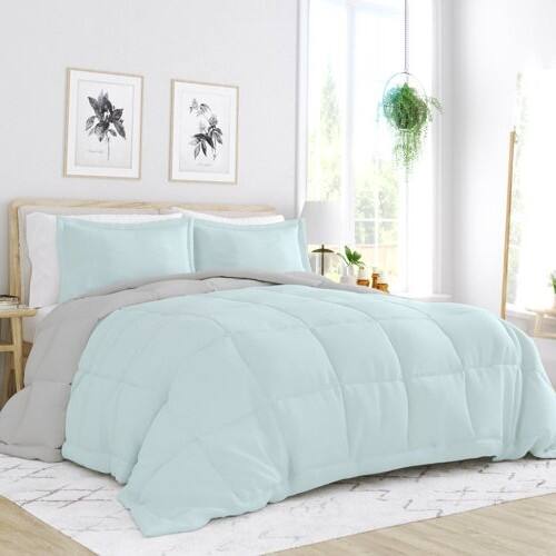 Back. SlickBlue - Soft Microfiber 3-Piece Comforter Set with Reversible Design - Aqua Blue, Grey.