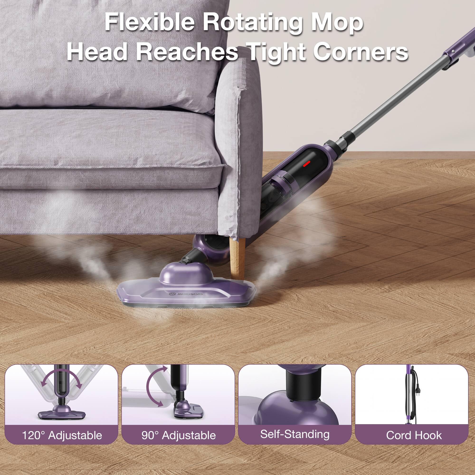 Flexible Rotating Mop Head Reaches Tight Corners

120° Adjustable  
90° Adjustable  
Self-Standing  
Cord Hook