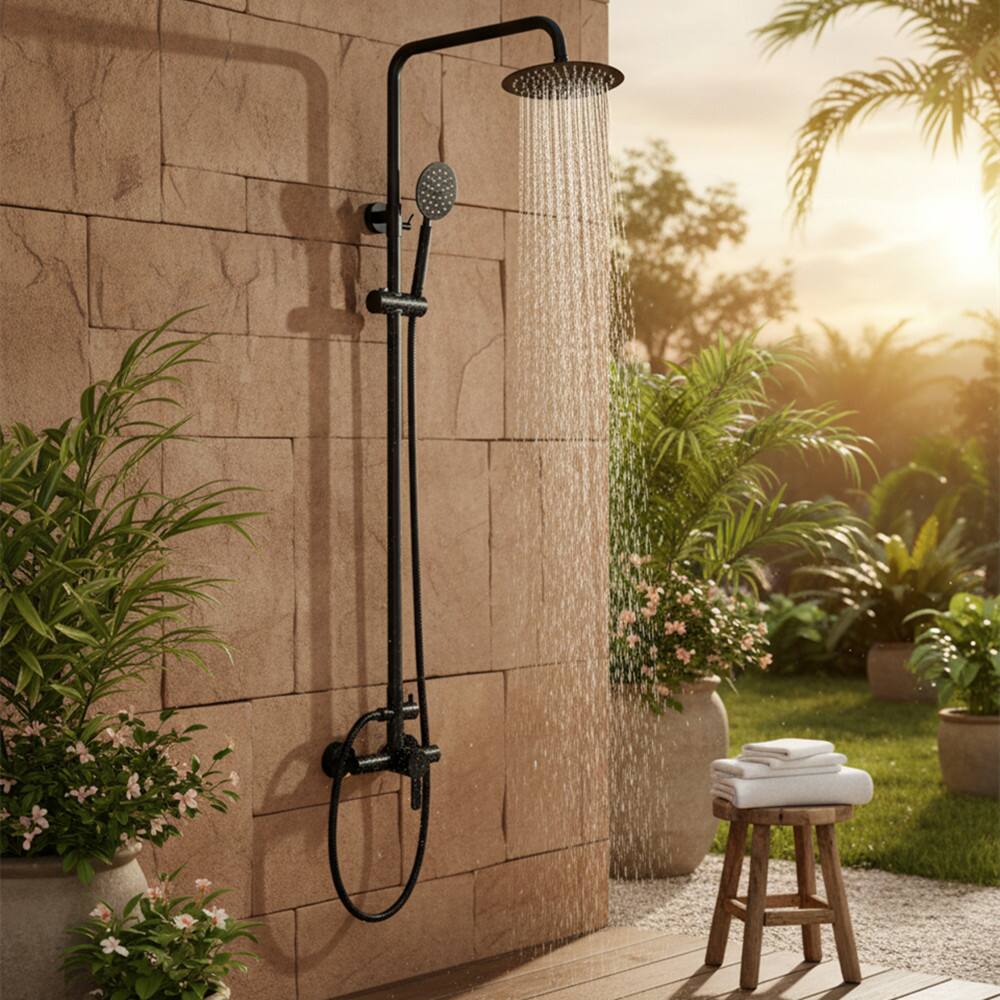 Alt View 3. Dazzed Corner - Dual Function Wall-Mounted SUS304 Outdoor Shower Faucet Set - Matte Black.