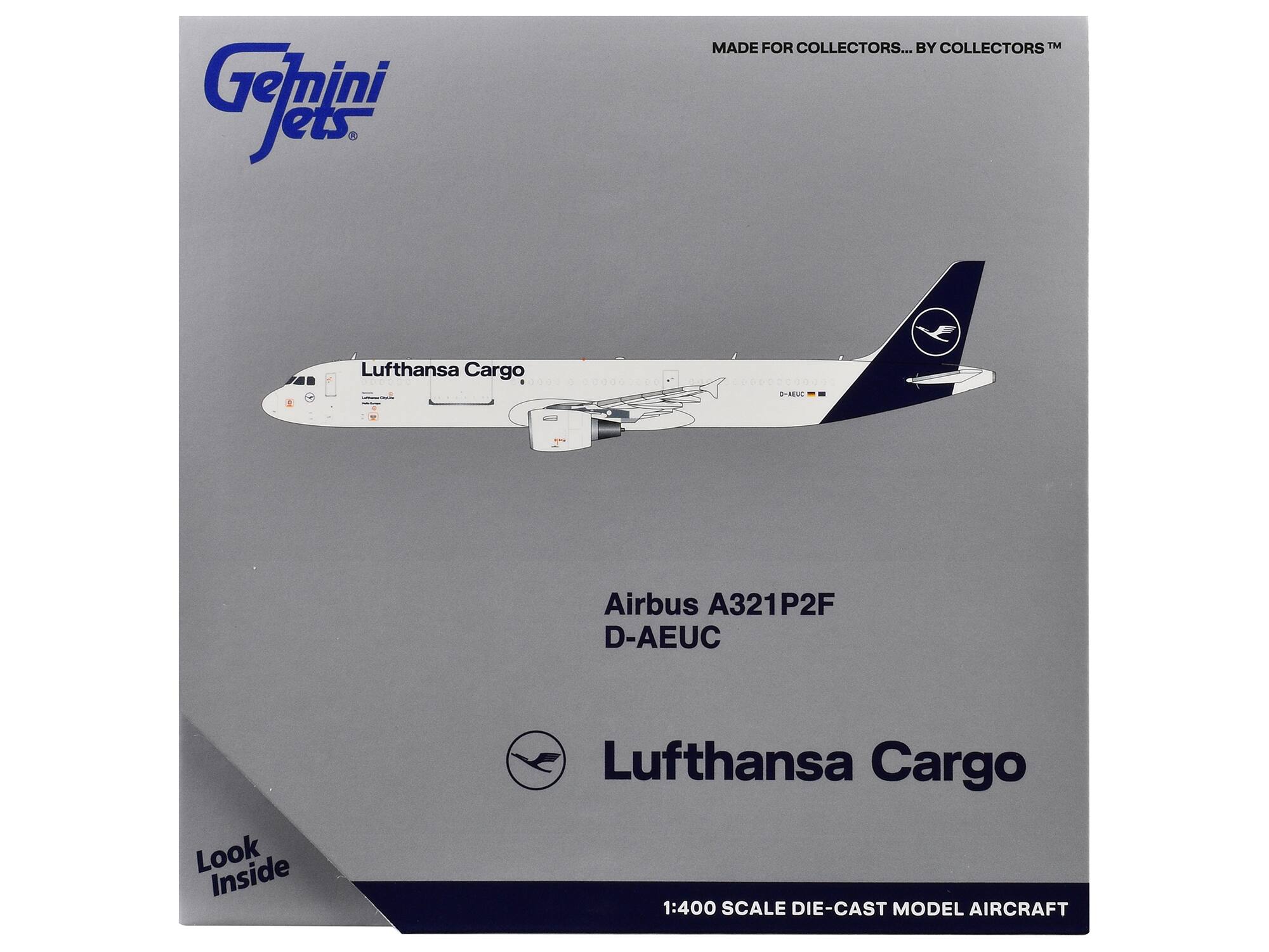 Gemini Jets  
MADE FOR COLLECTORS... BY COLLECTORS™  

Lufthansa Cargo  
Airbus A321P2F  
D-AEUC  

Lufthansa Cargo  

1:400 SCALE DIE-CAST MODEL AIRCRAFT  

Look Inside