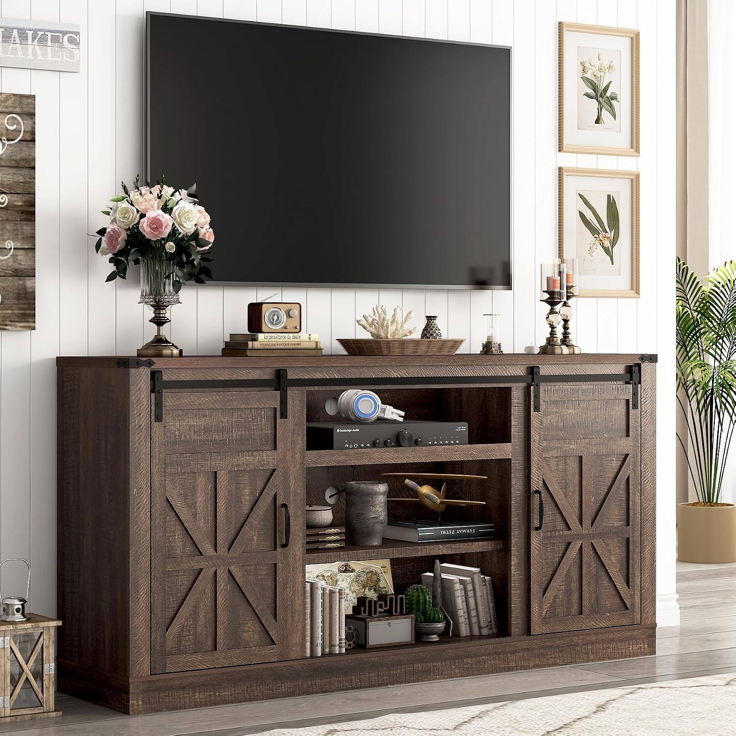 Espafurni - 66" Farmhouse TV Stand for 75" TV, Entertainment Center with Power Outlet, Sliding Barn Doors & Storage - Brown