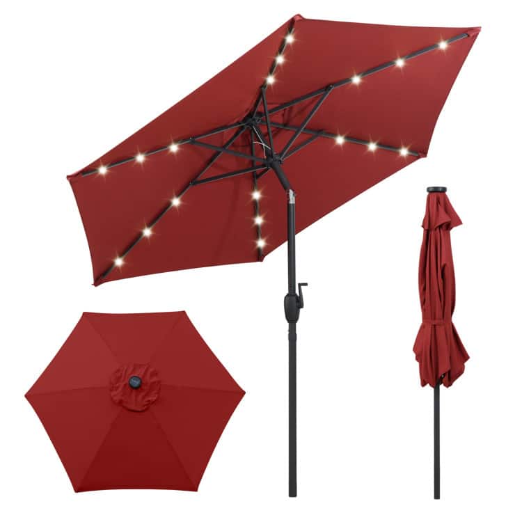 SlickBlue - 7.5-ft Solar Patio Umbrella with Built-In LED Lights and Crank Mechanism - Burgundy