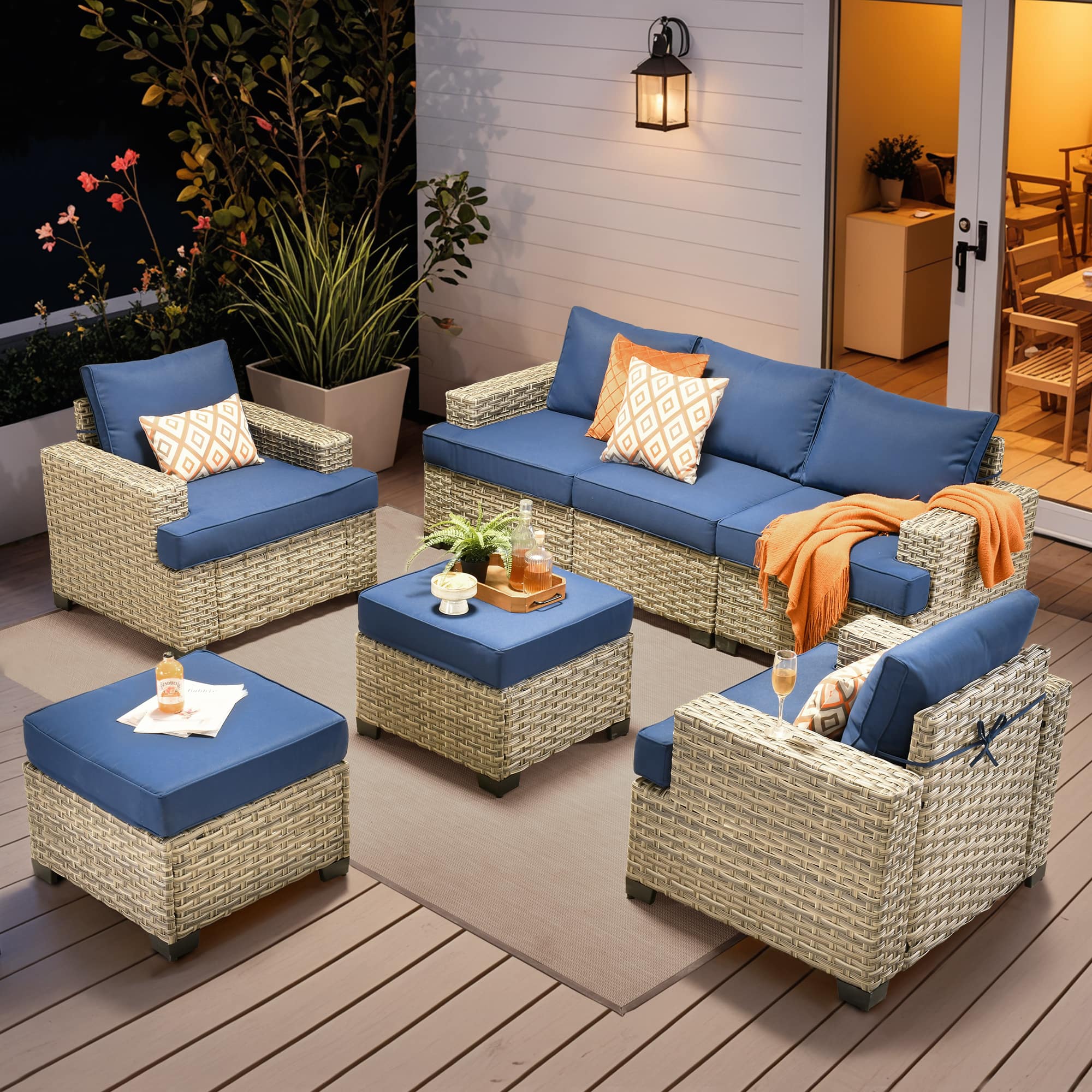 Ovios - 7 PCS Outdoor Patio Furniture High Back Rattan Sofa Set with Armchairs & Ottoman for Garden - Navy Blue