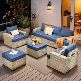 Ovios - 7 PCS Outdoor Patio Furniture High Back Rattan Sofa Set with Armchairs & Ottoman for Garden - Navy Blue