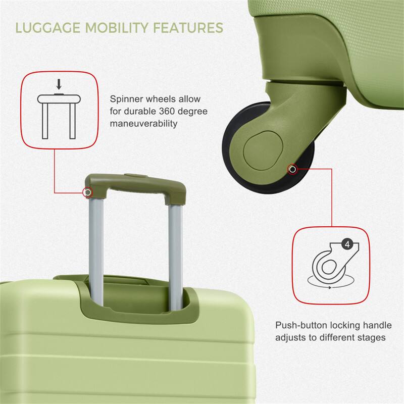 LUGGAGE MOBILITY FEATURES

Spinner wheels allow for durable 360 degree maneuverability

Push-button locking handle adjusts to different stages