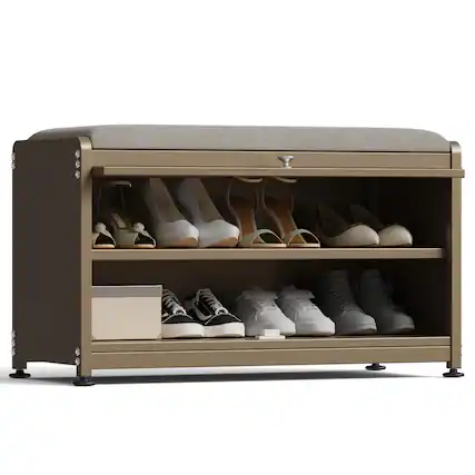 Front. Malletson - 3-Tier Shoe Storage Bench, Metal Shoe Rack with Removable Seat Cushion, for Entranceways, Hallways and Bedrooms. - Yellow.
