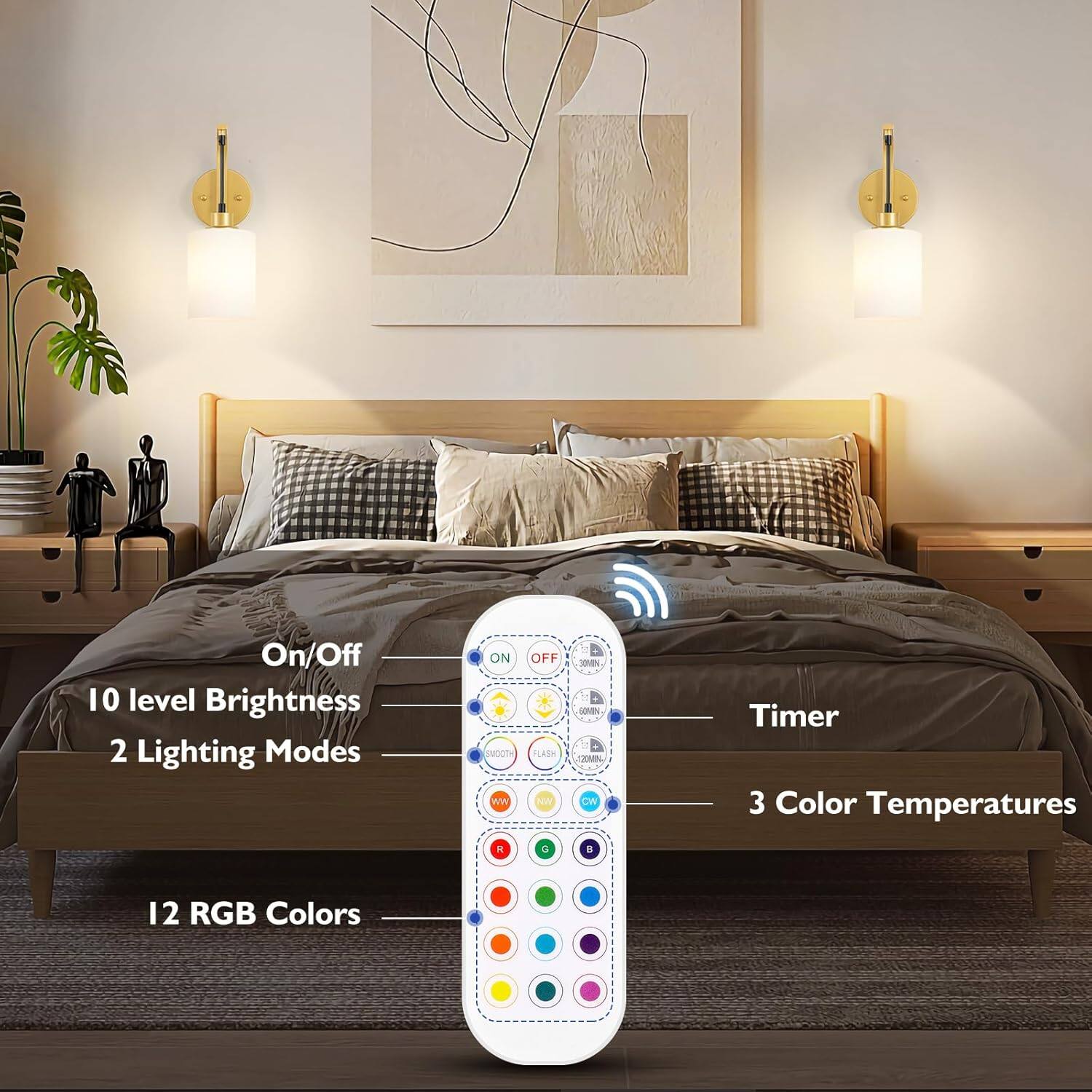 On/Off  
10 level Brightness  
2 Lighting Modes  
12 RGB Colors  
Timer  
3 Color Temperatures