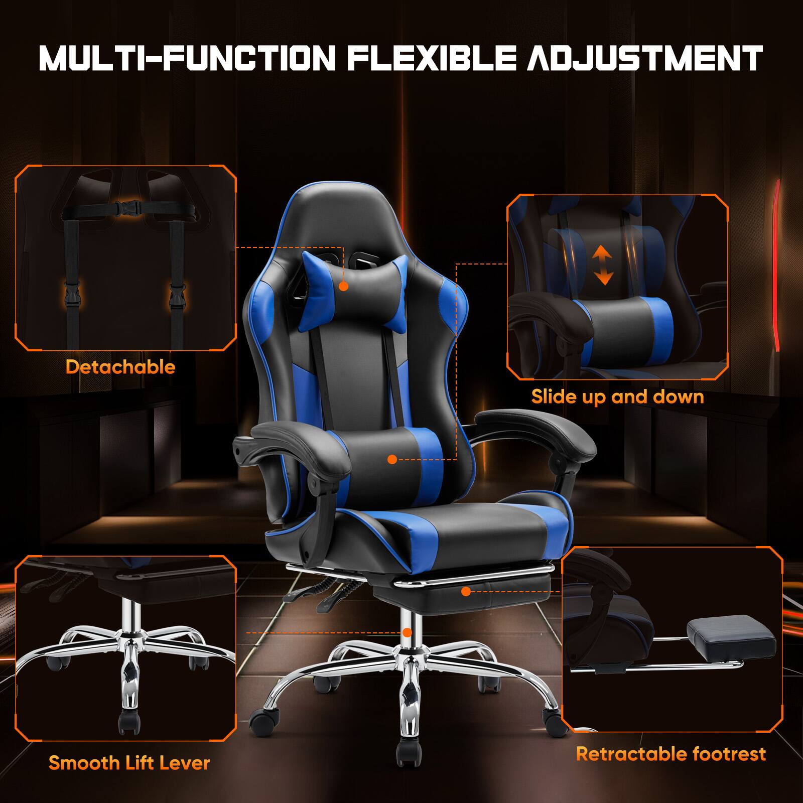 MULTI-FUNCTION FLEXIBLE ADJUSTMENT

- Detachable
- Slide up and down
- Smooth Lift Lever
- Retractable footrest