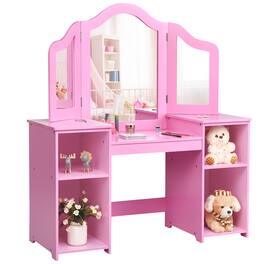 Costway - Vanity Table Set Makeup Dressing Kids Girls Study Table Tri Folding Mirror - Pink