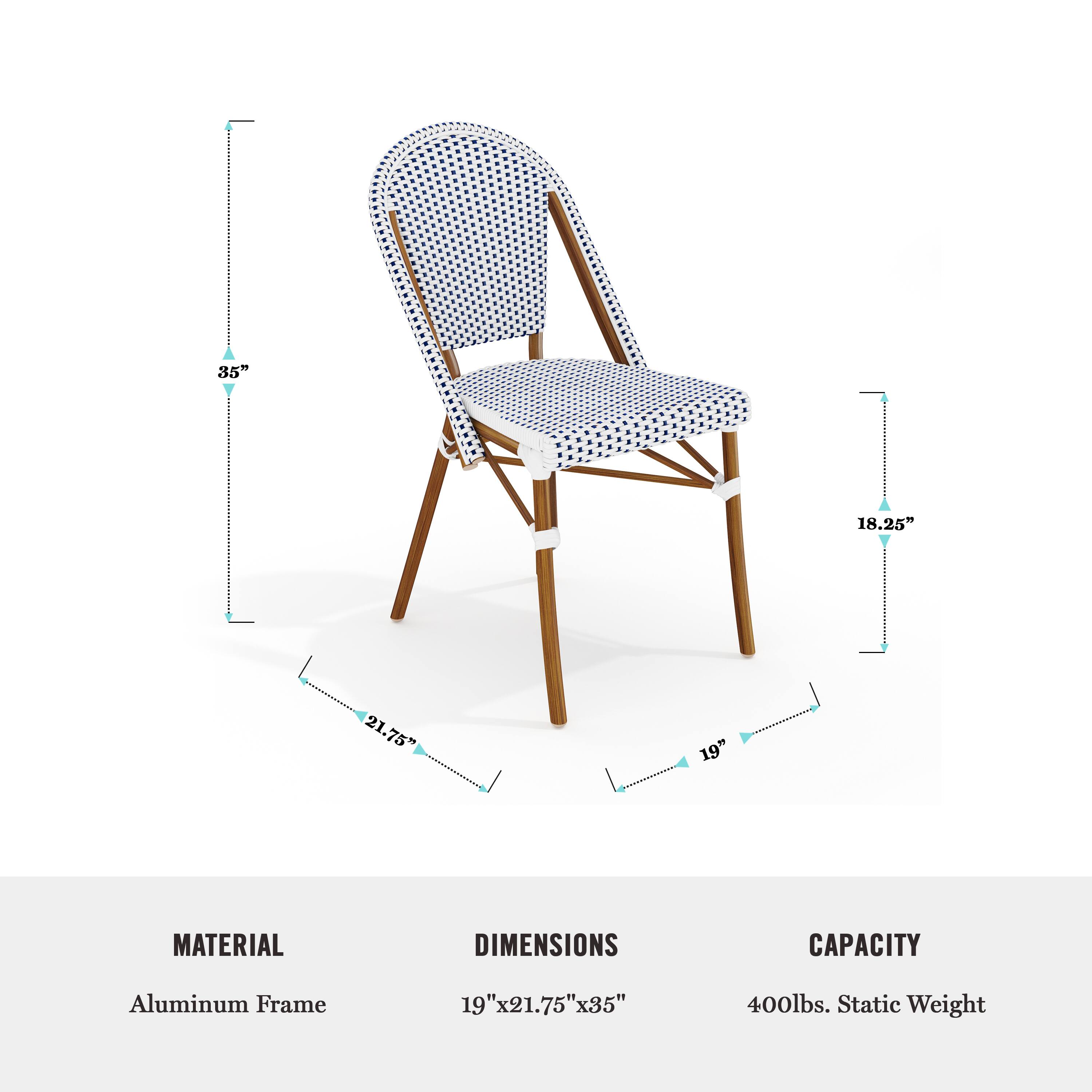 The image shows a chair with a polka dot pattern, and it is accompanied by a list of dimensions and material information. The chair dimensions are 35" in height, 18.25" in width, and 21.75" in depth. The material used for the frame is aluminum, and the chair has a capacity of 400 lbs. static weight.