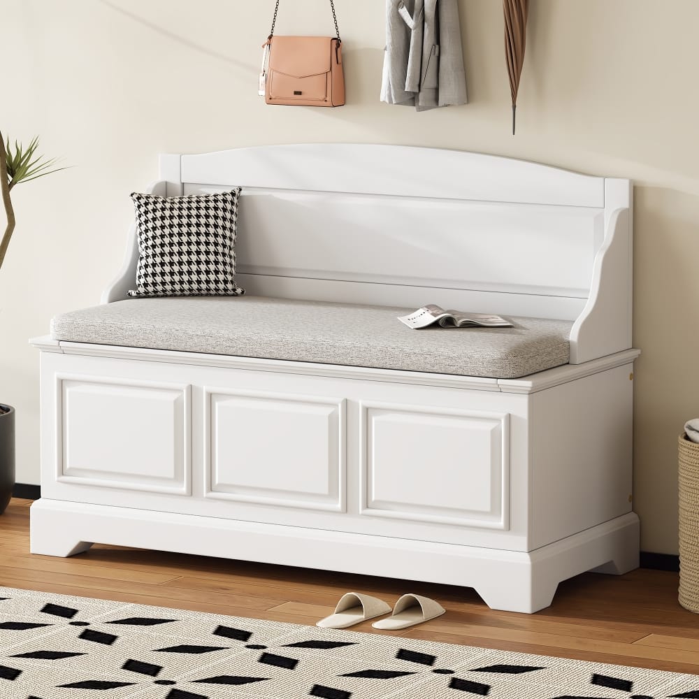 Ropilly - Retro Shoe Storage Bench with Cushion Soft Close Wooden Entryway Chest for Hallway Living Room - White