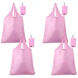 Unique Bargains - 4pcs Foldable Travel Bag Lightweight Polyester Reusable Grocery Tote Pouch for Women and Men Travel Beach Storage - Light Pink