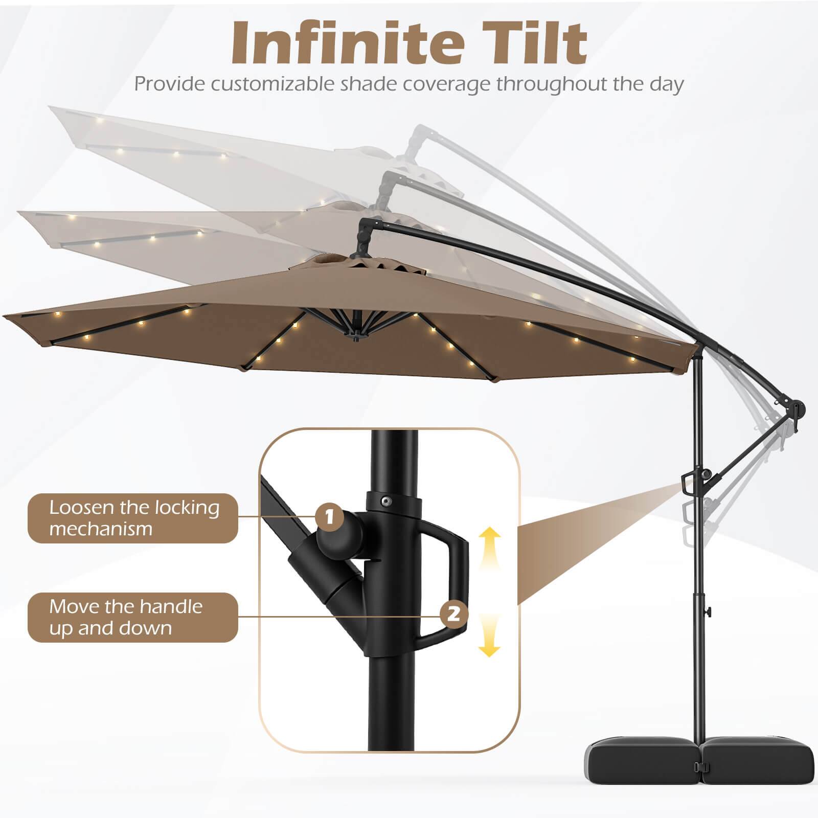 Infinite Tilt provides customizable shade coverage throughout the day. To use it, loosen the locking mechanism, move the handle up and down, and enjoy the shade.