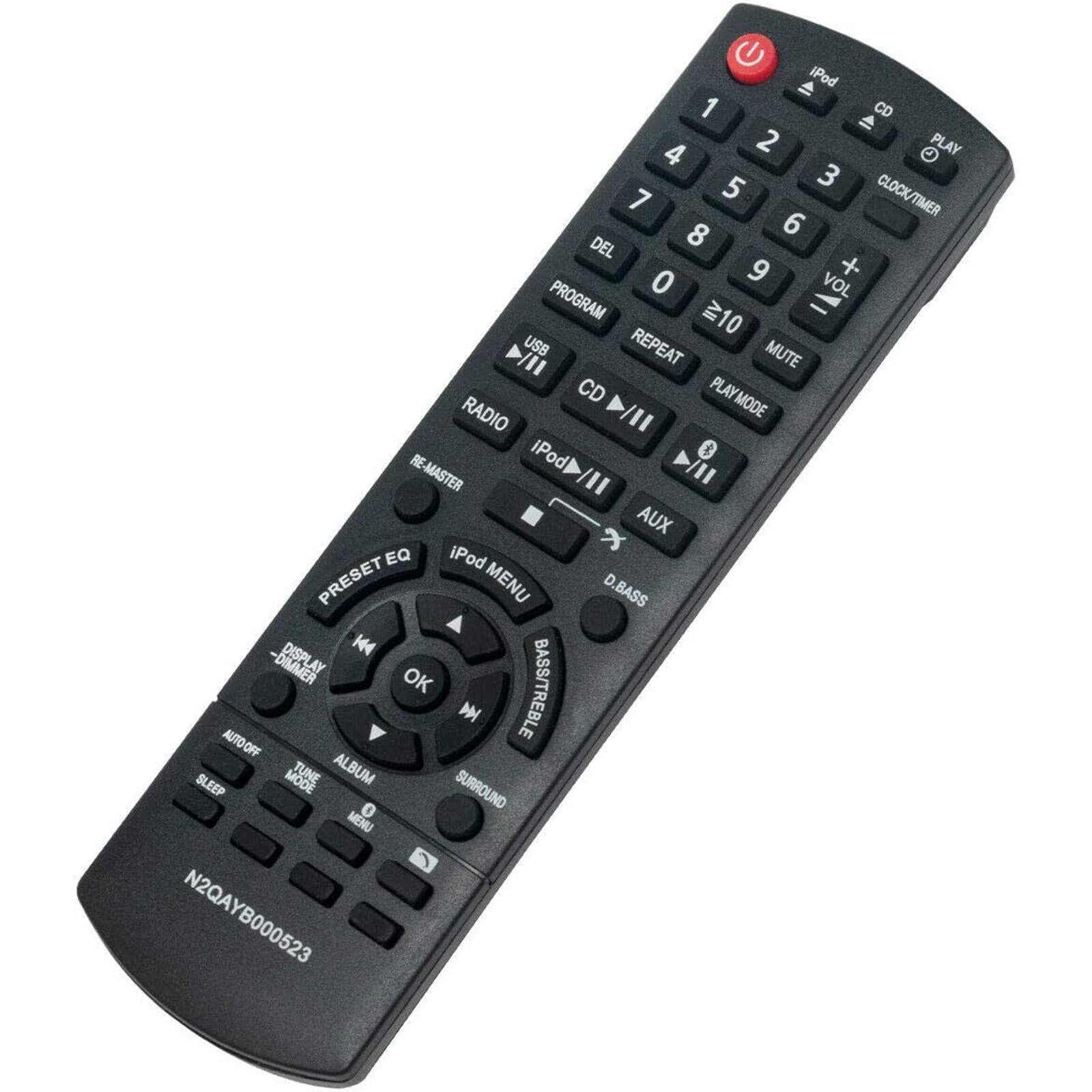 iPod  
1 2 3 4 5 6 7 8 9 0  
CD PLAY  
CLOCK/TIMER  
DEL  
PROGRAM  
REPEAT  
MUTE  
USB  
RADIO  
CD PLAYMODE  
iPod  
AUX  
EQ  
PRESET  
MENU  
D.BASS  
DISPLAY  
K-DIMMER  
OK  
AUTO OFF  
D BASS/TREBLE  
SLEEP MODE  
TUNE  
ALBUM  
SURROUND  
N2QAYB000523