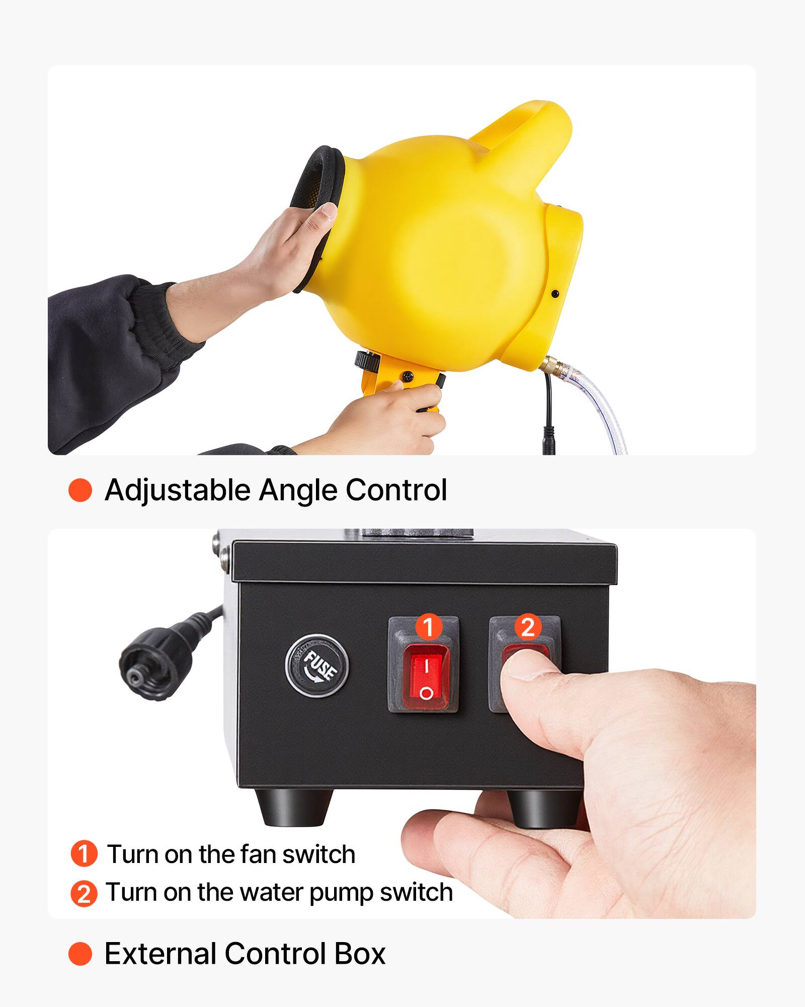 Adjustable Angle Control

FUSE

1 | O
2

1. Turn on the fan switch
2. Turn on the water pump switch

External Control Box