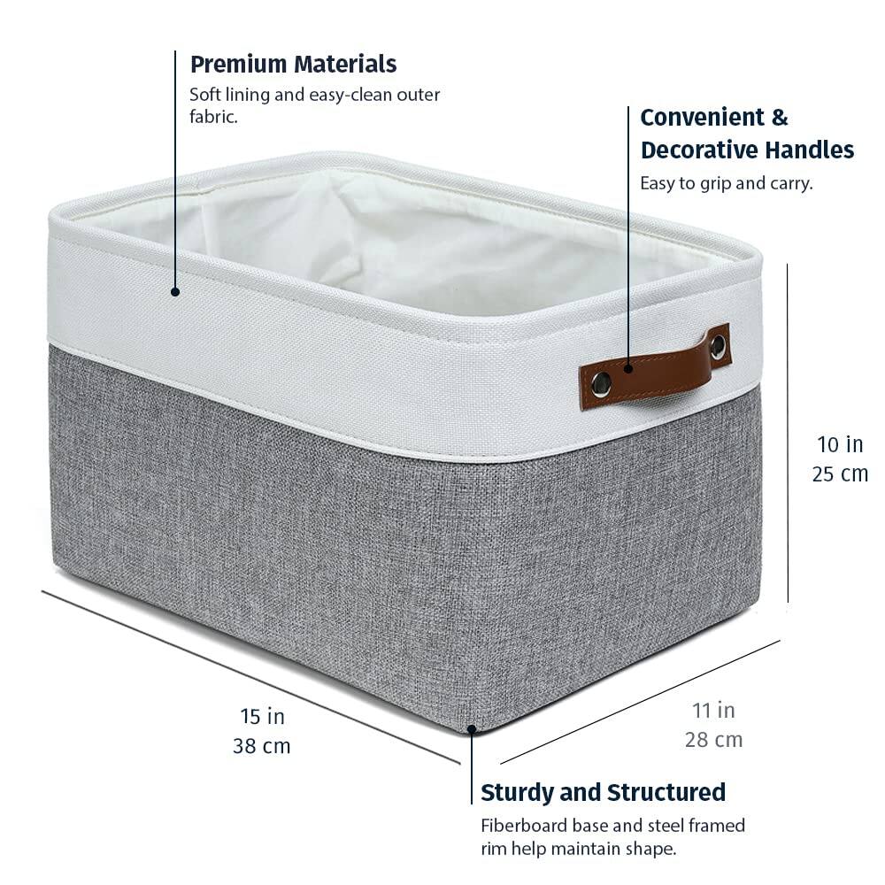 Premium Materials  
Soft lining and easy-clean outer fabric.

Convenient & Decorative Handles  
Easy to grip and carry.

Sturdy and Structured  
Fiberboard base and steel framed rim help maintain shape.

Dimensions:  
10 in (25 cm)  
15 in (38 cm)  
11 in (28 cm)