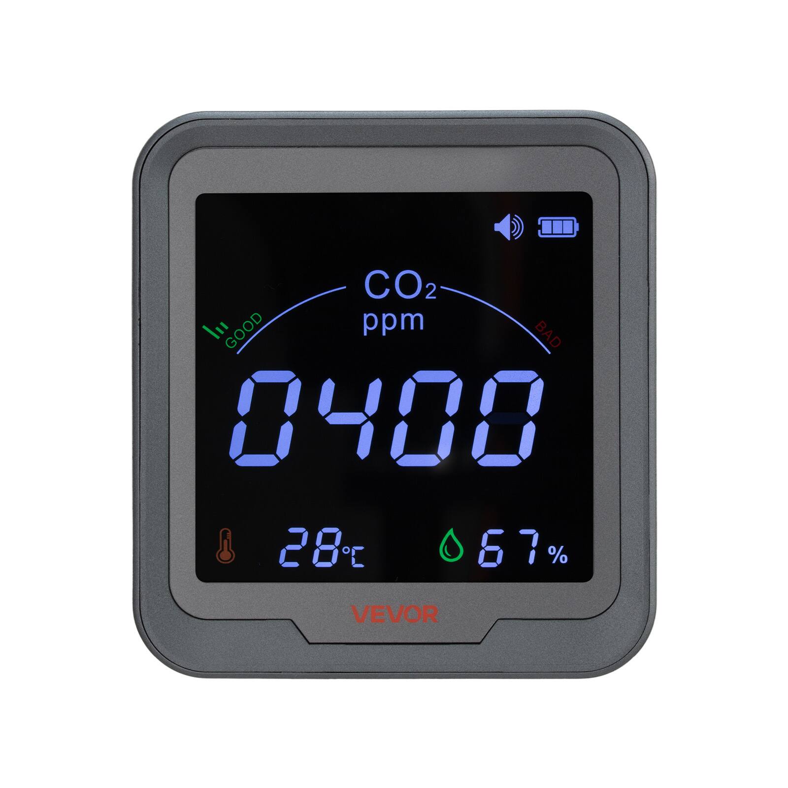 CO2 ppm GOOD 0400 BAD 28°C 67% VEVOR