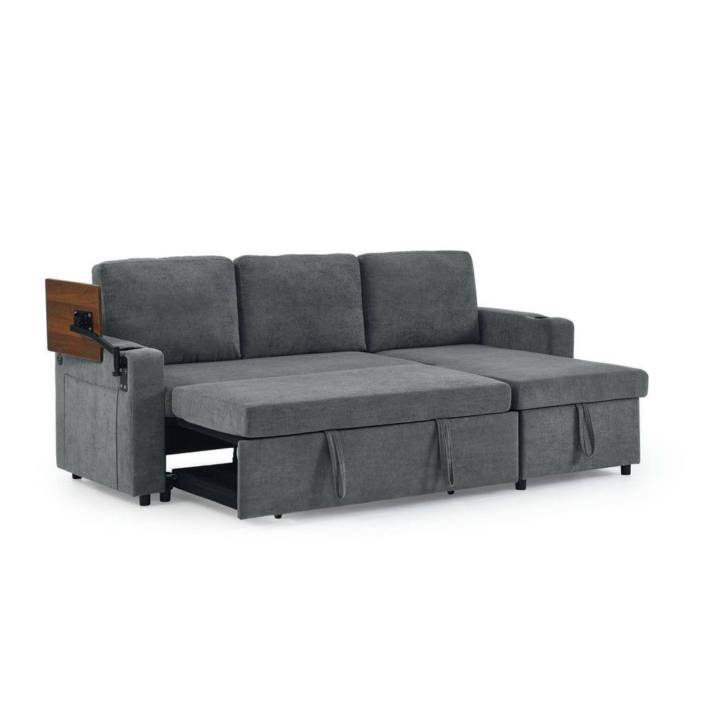 Alt View 2. Kadyn - Multi-Functional Chenille Sleeper Sofa, Retractable Table, LED Lights, USB Ports and Cup Holders, Gray - Gray.
